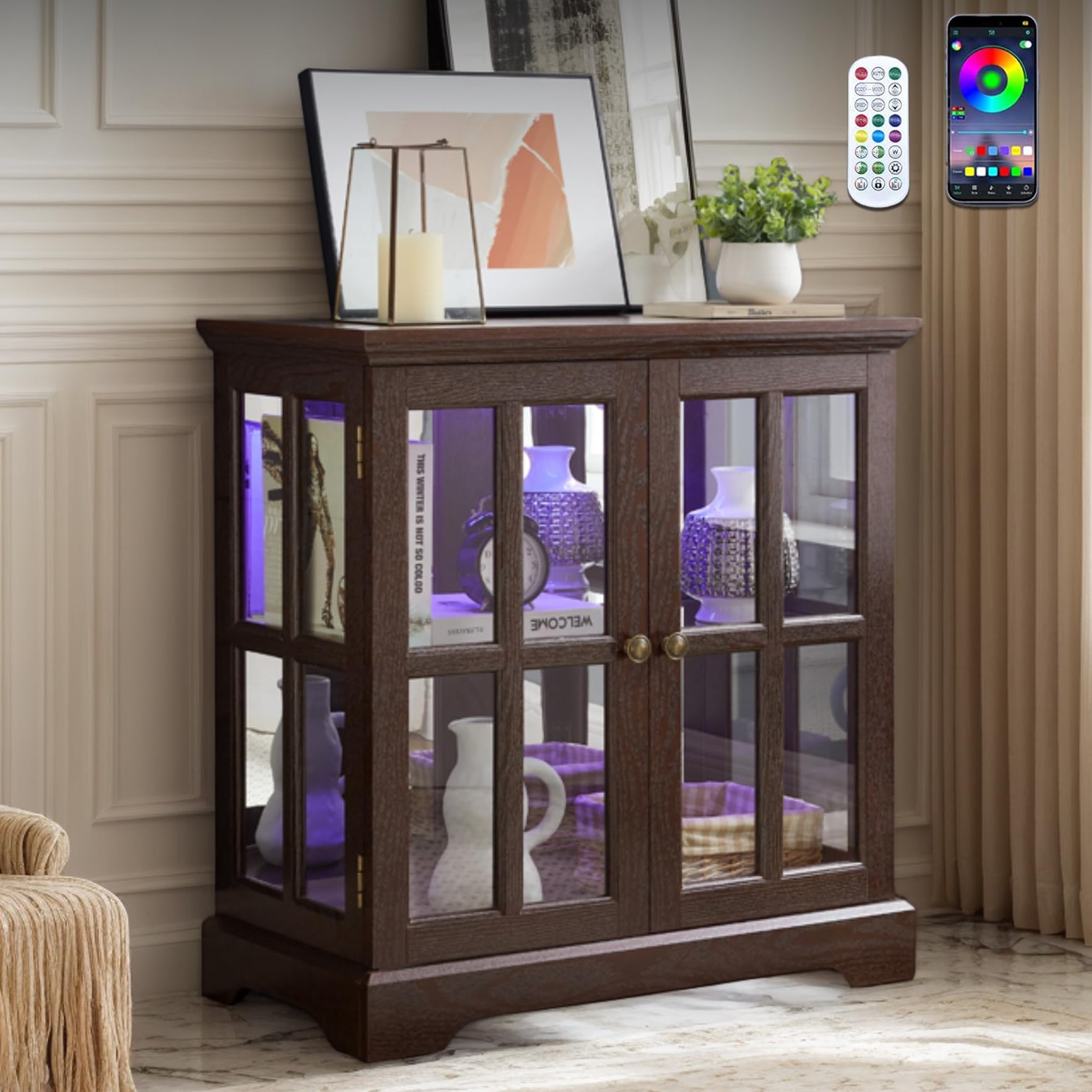 Eyisean 32"H Small Curio Cabinet with 7 Color Lights for Collectibles, Smartphone-Controlled, LED Glass Display Cabinet with Tempered Glass Doors and