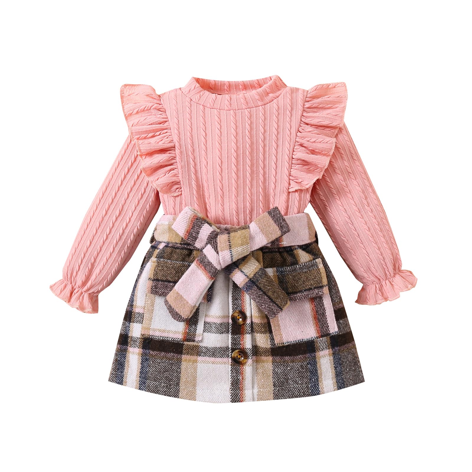 Kids Toddler Girl Fall Clothes Baby Crew Neck Solid Knitted Pullover Top A-Line Button Plaid Skirt Dress 2Pcs Oufits (A Pink, 6-12 Months)