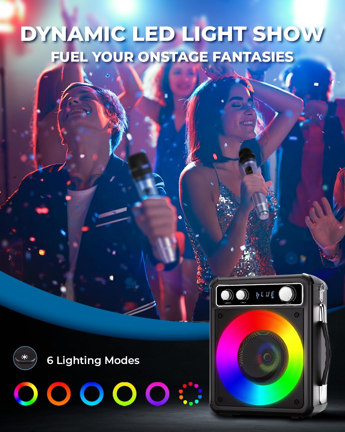 Karaoke, altoparlante portatile Bluetooth con 2 microfoni wireless, sistema PA per adulti e bambini, con luci LED, supporta TWS/REC/FM/AUX/USB/TF per casa, feste, picnic