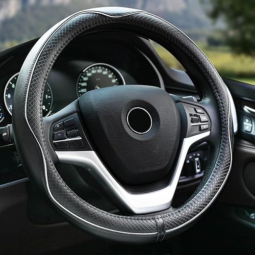Rueesh Microfiber Leather Steering Wheel Cover Anti-Slip Matte Finish Auto Car Wheel Cover Universal 15 Inch Wheel Cover for Car Embossing Pattern (M (14.5"-15" Diameter), White Line)