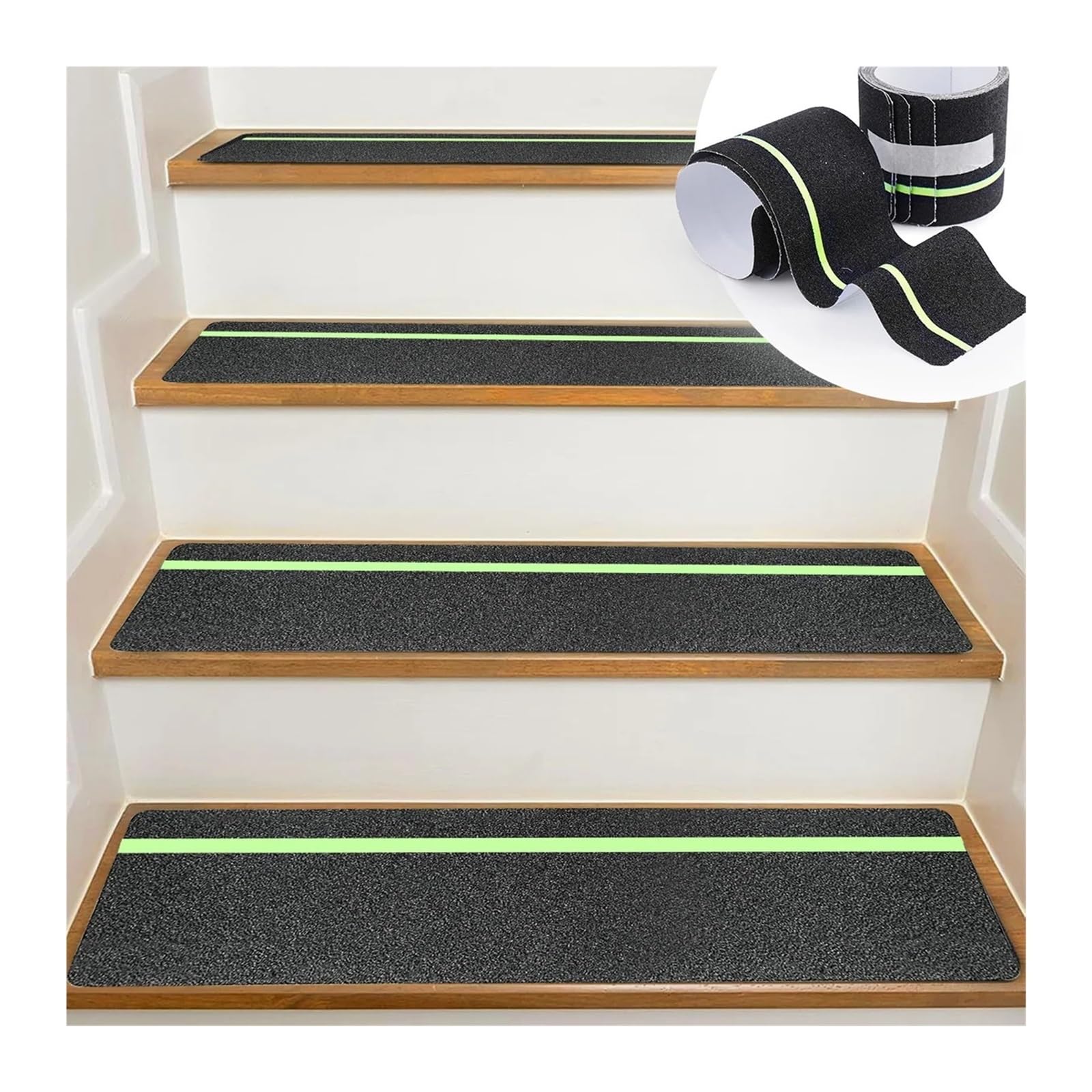 Cinta Antideslizante Cinta de tracción antideslizante que brilla en la oscuridad, con rayas verdes y adhesivo abrasivo de fricción for escalones de escalera, for interiores y exteriores.(Black 10pc)