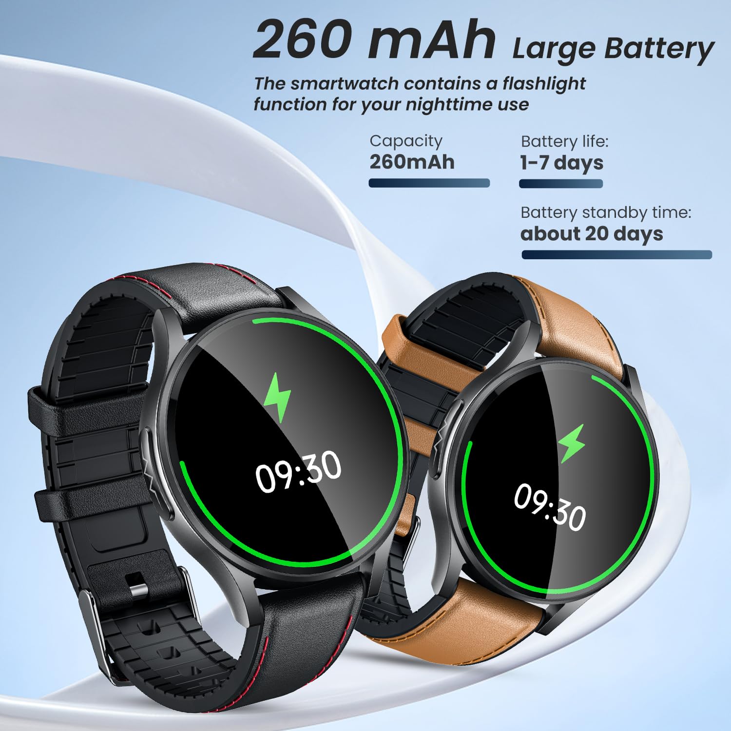 Smartwatch Herren mit EKG 𝐇𝐑𝐕 Blutdruck: Smart Watch Uhr 1,43" Rund AMOLED Schwarz Lederarmband ECG Armbanduhr Wasserdicht Herzfrequenz Schlafen Schrittzähler Telefonfunktion Fitnessuhr Android iOS
