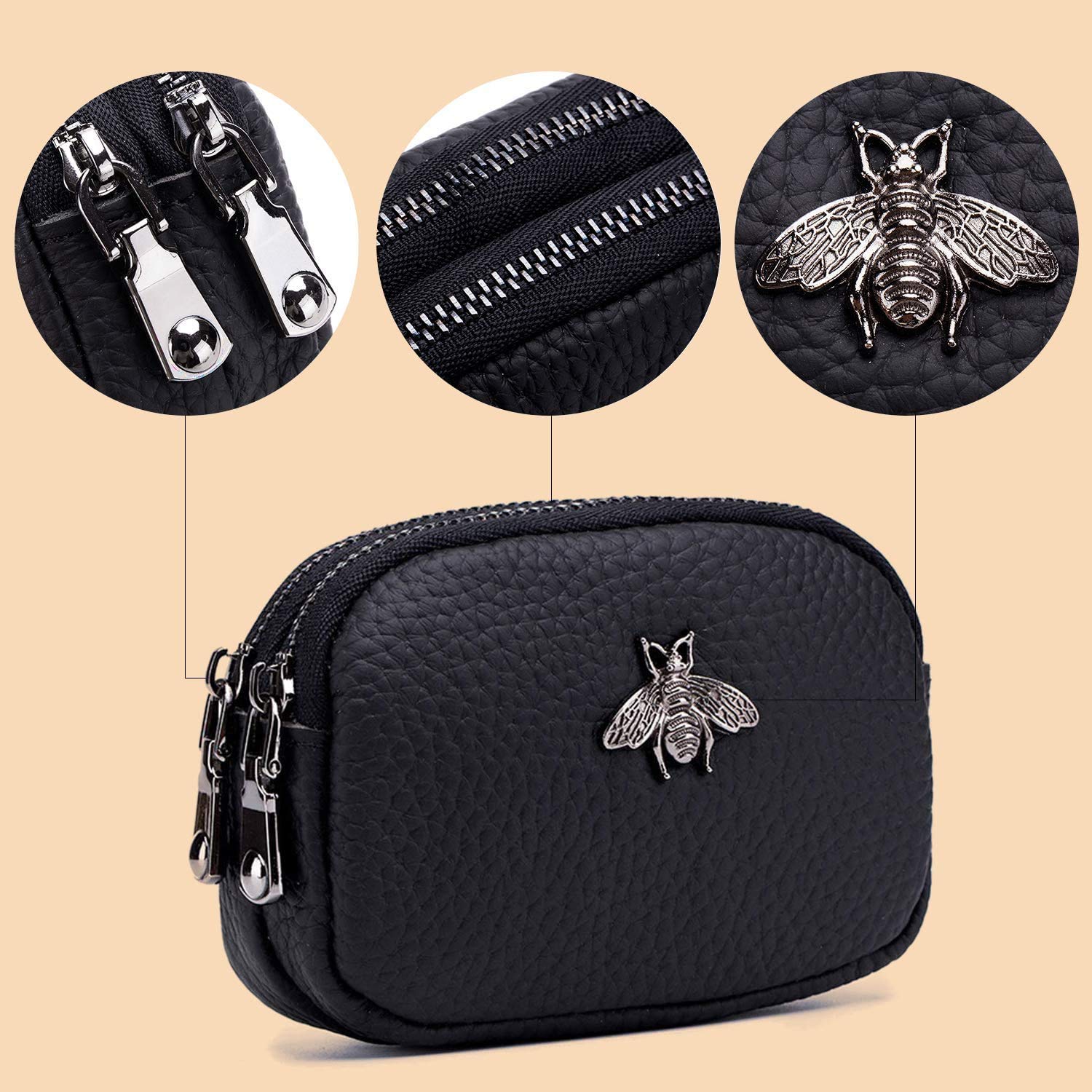 Porte-Monnaie en Cuir véritable pour Femme - Double Zipper Bee Change Pouch Wallet Card Holder Porte-Monnaie Mini Simple Cute Coin Pocket utile pour Les Femmes (Bleu)