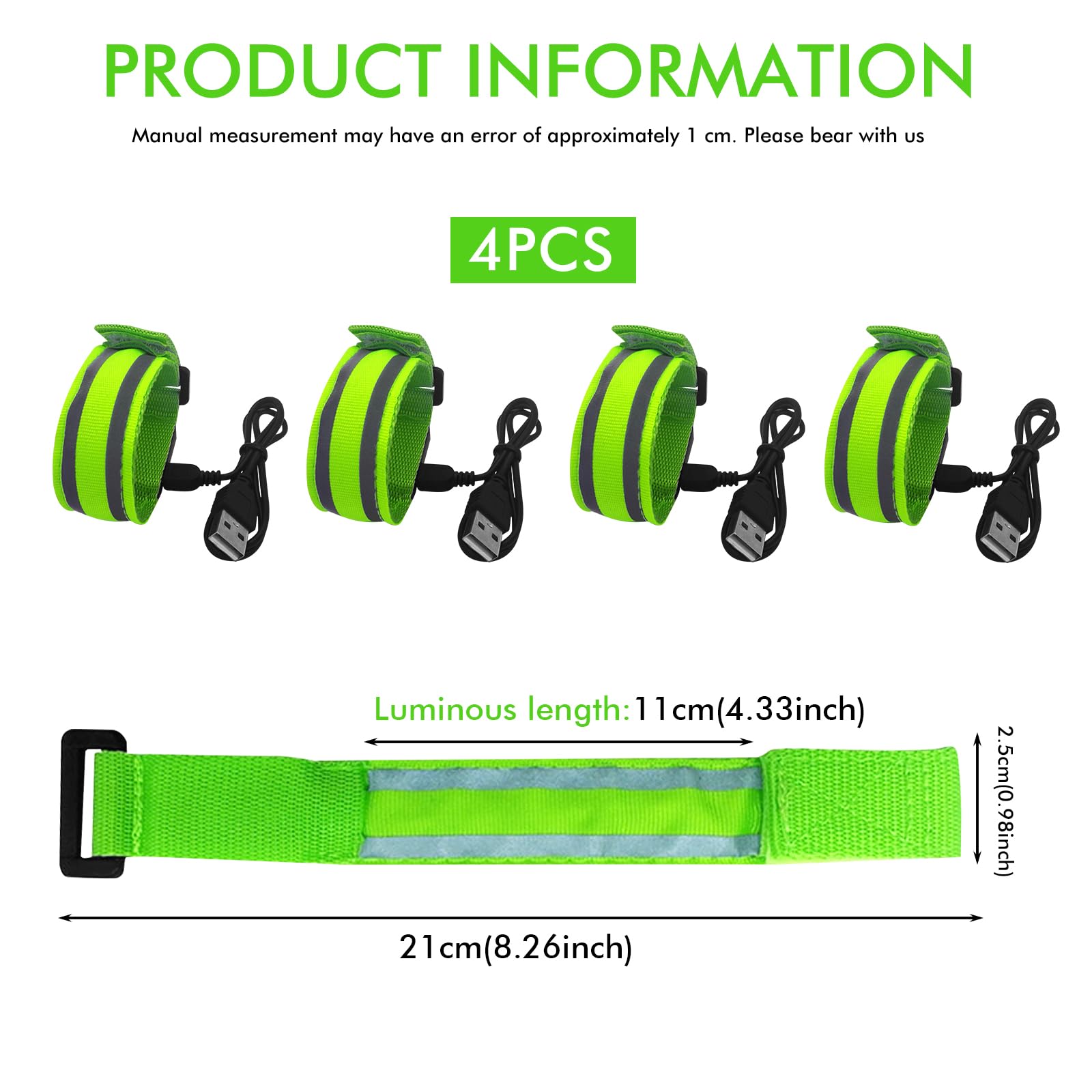 4 bracciali a LED ricaricabili: bracciali con luce USB riflettente, USB, per corsa, escursionismo, ciclismo, sport all'aria aperta, con USB, luce di sicurezza