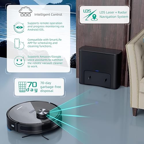Miniatura 7 de Robot aspirador con fregona de vaciado automático 70 días x manos libres Estación de autovaciado de 2.5L, navegación Lidar WiFiAppAlexa, refuerzo de