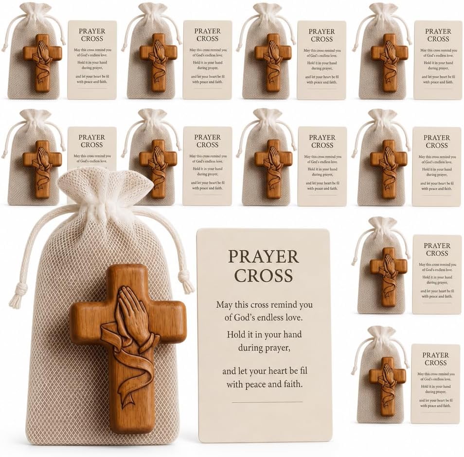Usyios 10 Pack Prayer Cross Set, Acrylic Worry Crosses with Cards and Mesh Bags, Comfort for Stress and Anxiety Relief, Pocket Gift