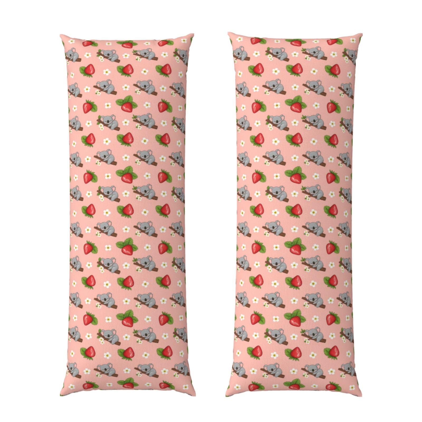Body Pillow Case 20x60 Cartoon Koala Bear Strawberry Flower Leaf Light Pink, Zippered Cozy Pillow Cover, Soft Plush Cushion Protector, Machine Washable for Bed Sofa Couch