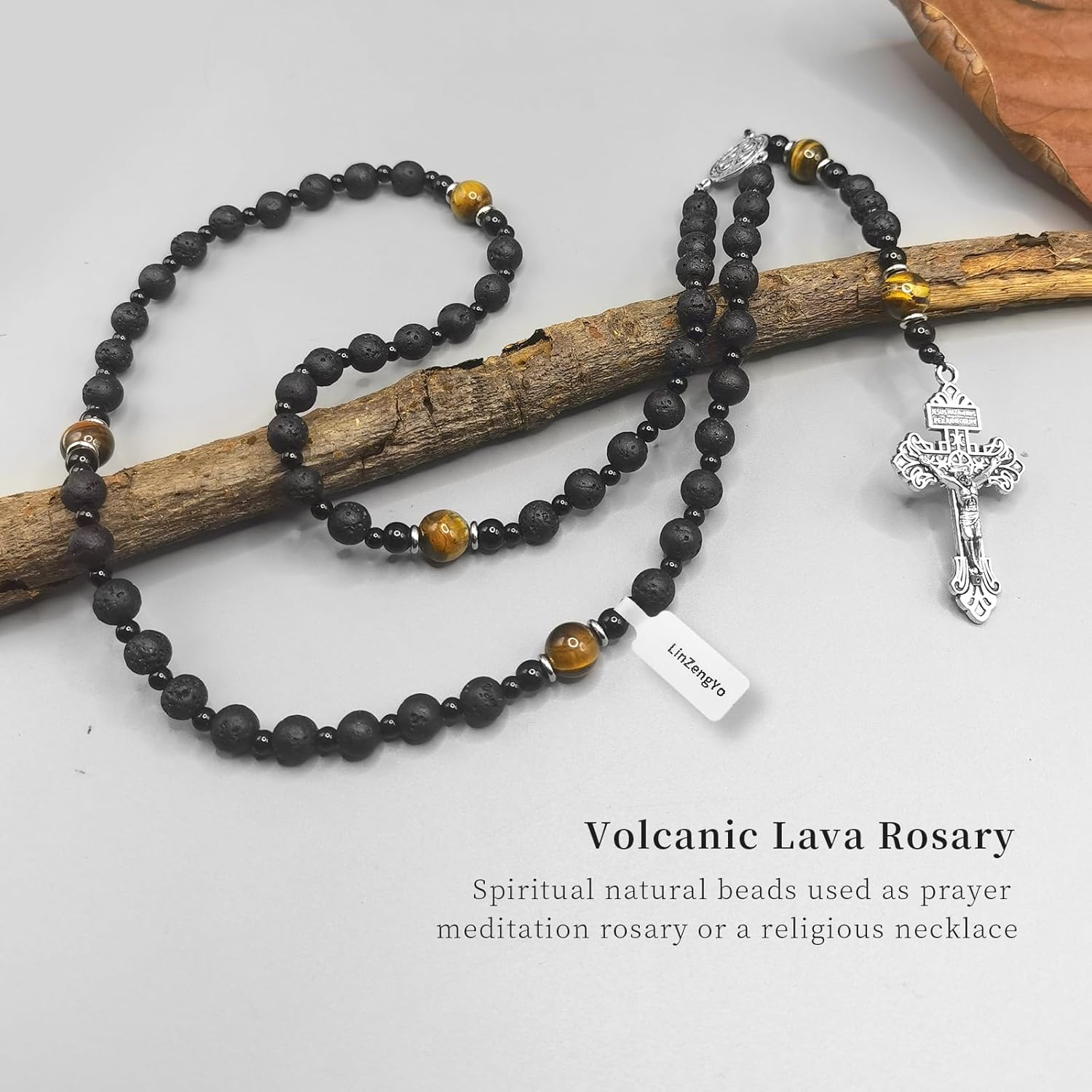 Volcanic stone rosary beads catholic for men,Rosary Necklace for men with medal & cross,Handmade black stone Beads St.Benedict Rosary Cross Necklace Catholic Gifts - Image 6