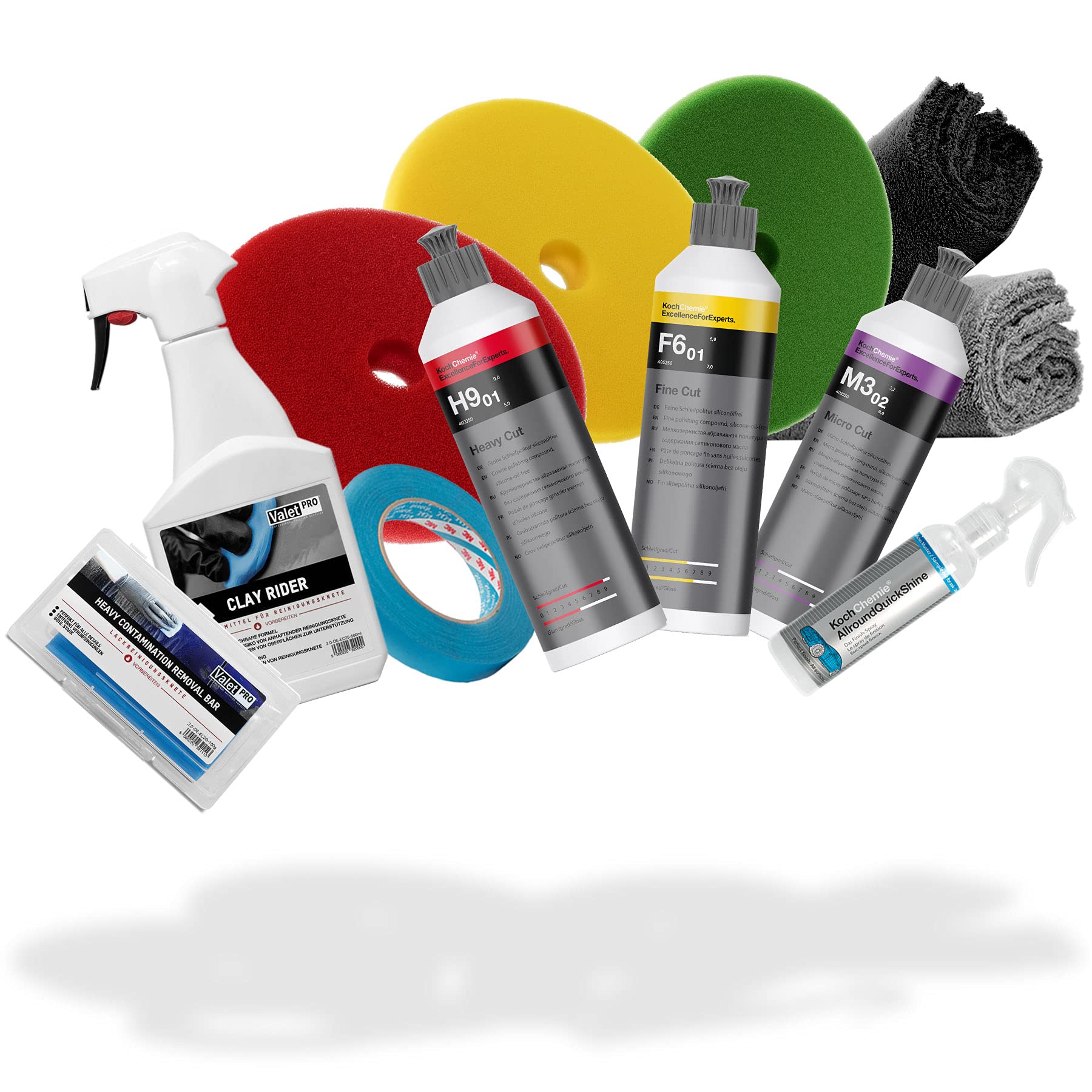 detailmate Juego de abrillantador para coche KochChemie Polituren 250 ml + KochChemie Allround Qucik Shine + ValetPRO Clay Rider 500 ml + pasta de limpieza + almohadillas pulidoras + accesorios