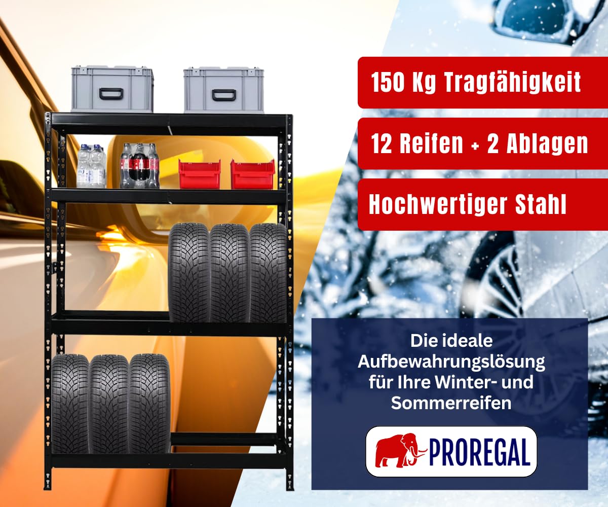 PROREGAL Reifenregal Tiger | HxBxT 180x120x40 cm | bis zu 12 Reifen auf 2 Ebene + 2 Ablagen | Schwarz | Werkstattregal, Lagerregal, Kellerregal