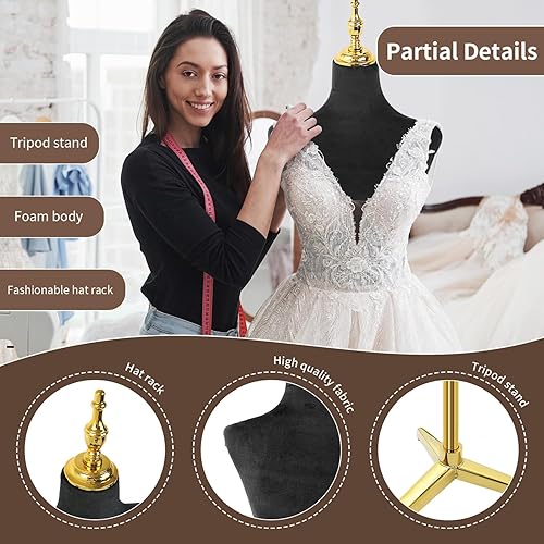 Miniatura 2 de Soporte de trípode dorado para maniquí femenino, maniquí de altura ajustable para cuerda, maniquí de forma de vestido (negro, terciopelo)
