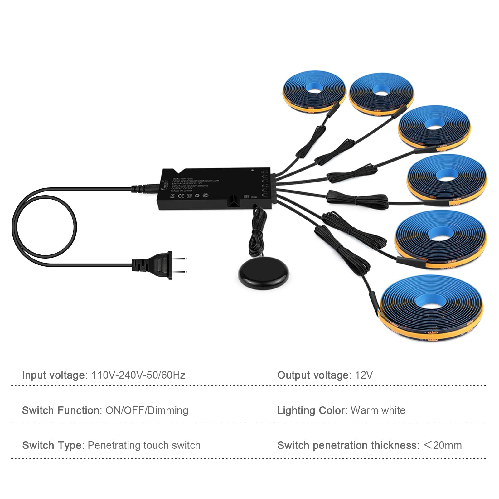 12V COB LED Strip,6 Rollen 3M Warmweiß Akustikpaneele COB LED Streifen mit Berühren und Hand Sweep Dimmer Schalten,Schneidbar COB LED Streifen für Vitrinen,Weinschränke,Küchen und Regale