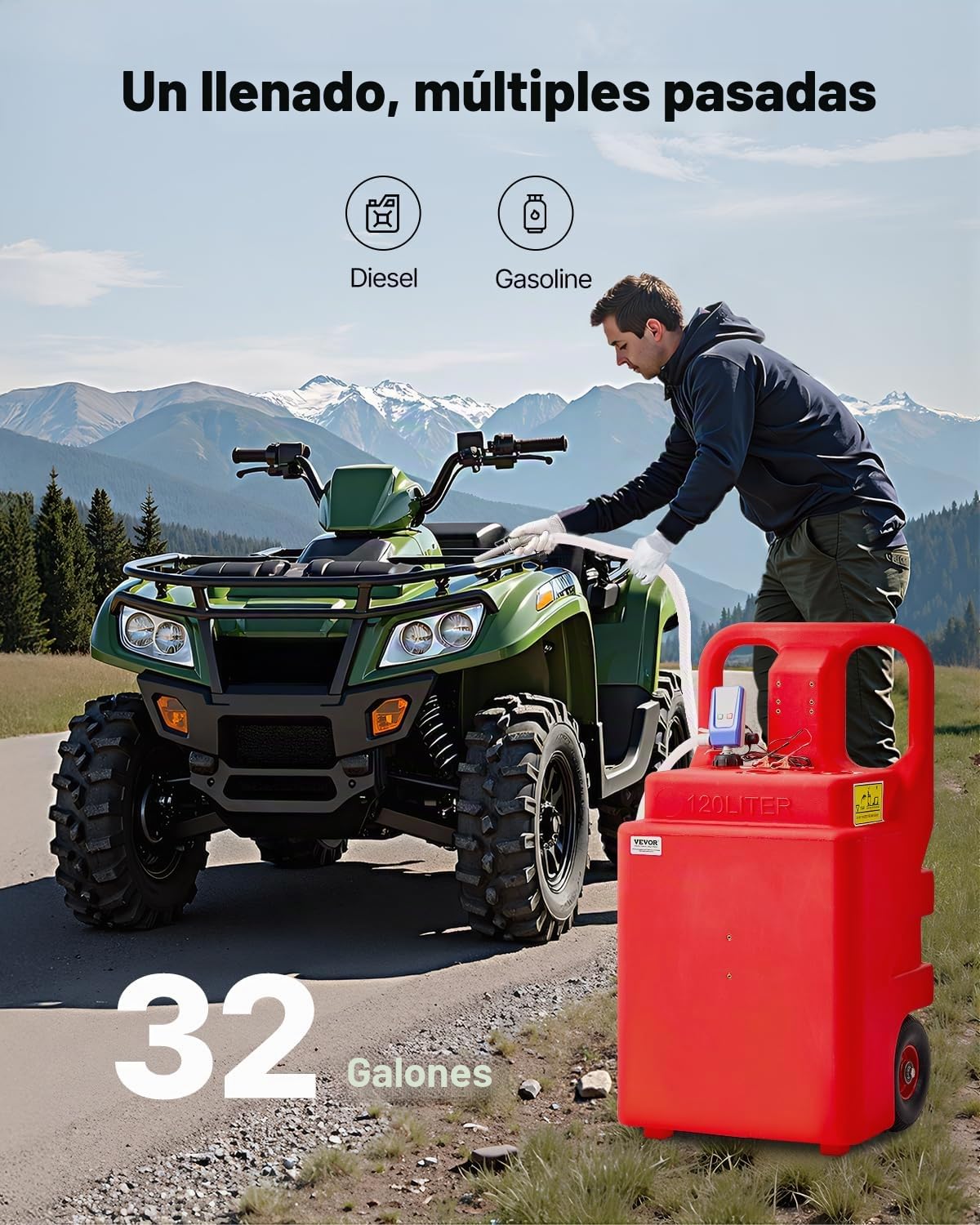 VEVOR Tanque de Combustible 540x465x1070 mm 121,13 L con Bomba de Transferencia de Combustible Eléctrica, Manguera de 1,2 m, Boquilla con Sensor de Parada Automática, para Gasolina y Diésel, Rojo