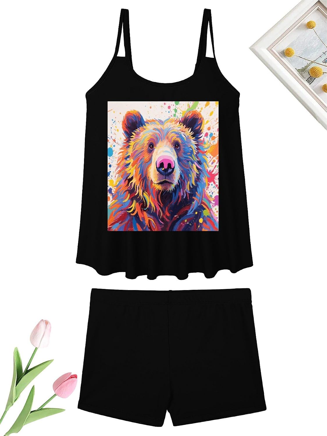Colorful Bear Painting Tankini Swimsuits for Women Tummy Control Two Piece Bathing Suits Swim Tops with Boy Shorts