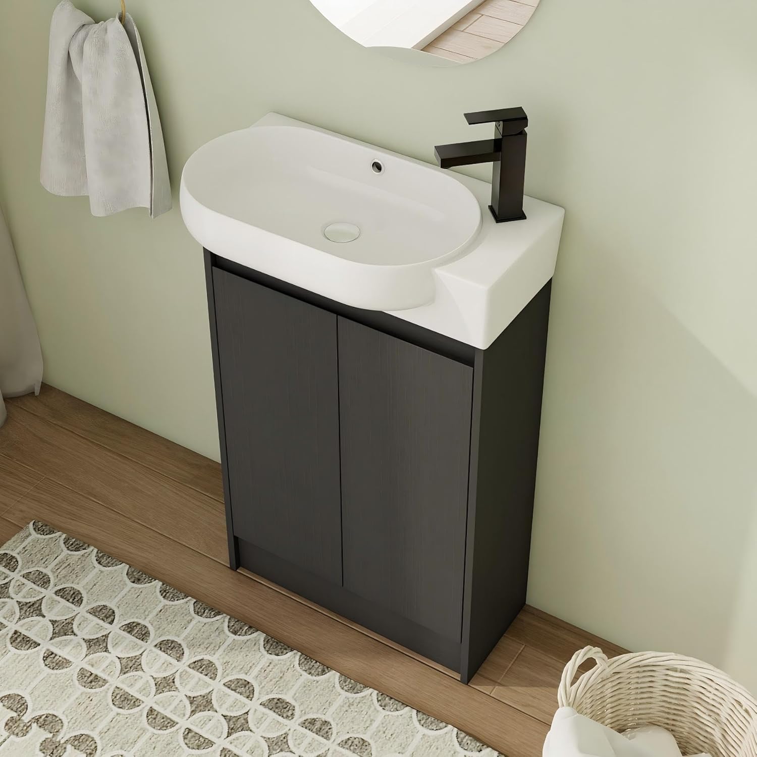 23 Inch Freestanding Vanity, 23" Bathroom Vanity with Sink, Single Sink Floor Stand Vanity Combo, Modern Black Bathroom Vanity Set with 2 Doors and White Basin Sink