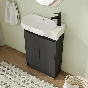 23" Freestanding Bathroom Vanity with Sink Black 2-Door Modern Cabinet | No wall mount needed, Scratch-resistant basin included, Silent soft-close doors, Striking guest bath contrast