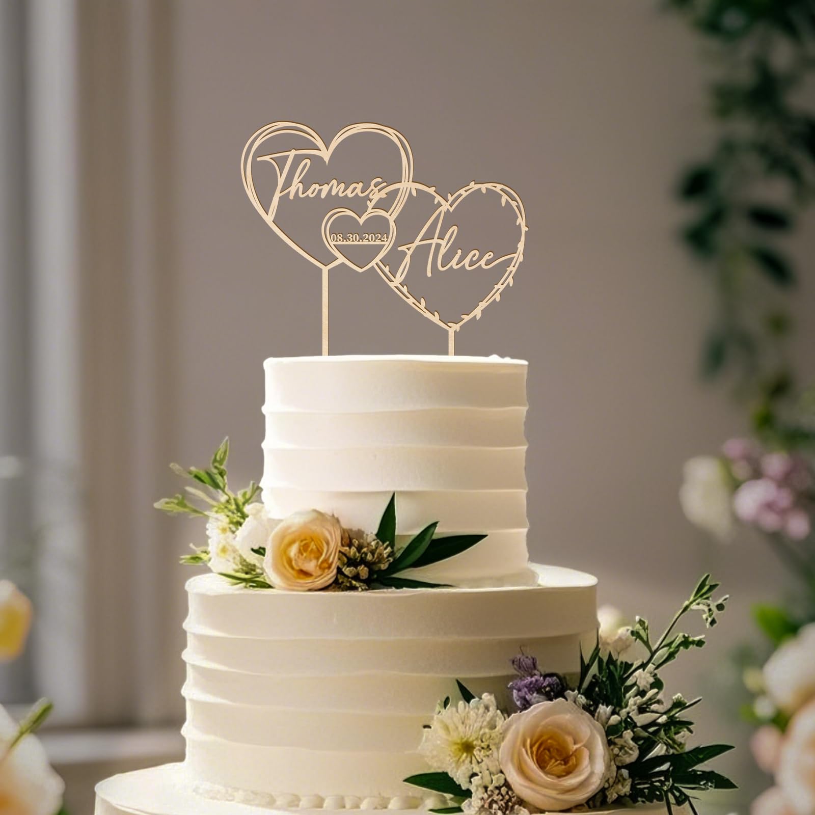 Party to Be Hearts Personalized Wedding Cake Topper with Custom Bride and Groom's Names and Wedding Date Cake Decoration Anniversary Cake Topper in Wood