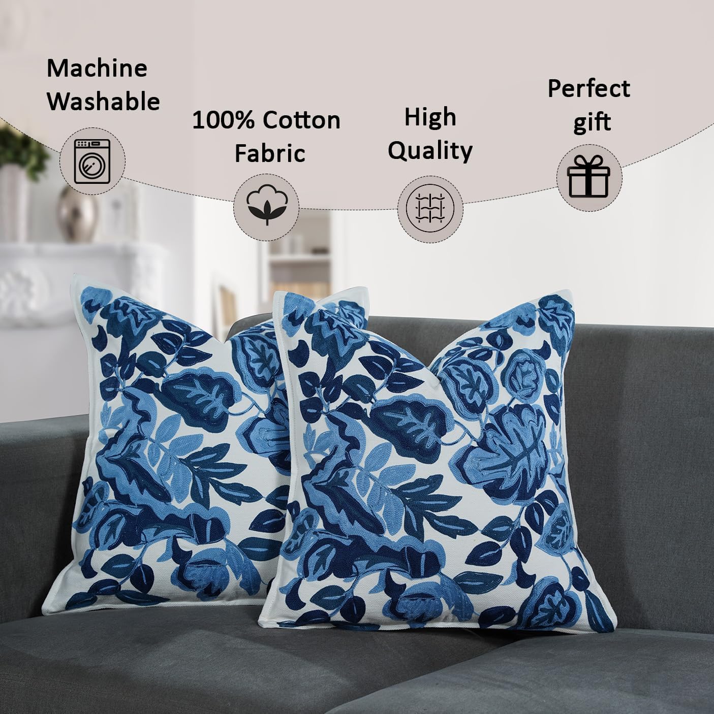 My Whimsical Corner Ombre Blue Boho Decorative Throw Pillow Cover 18x18 Set of 2 Modern Pillow Case Square Embroidered Pillows for Couch Bed Gift for, Easter, Mother's Day