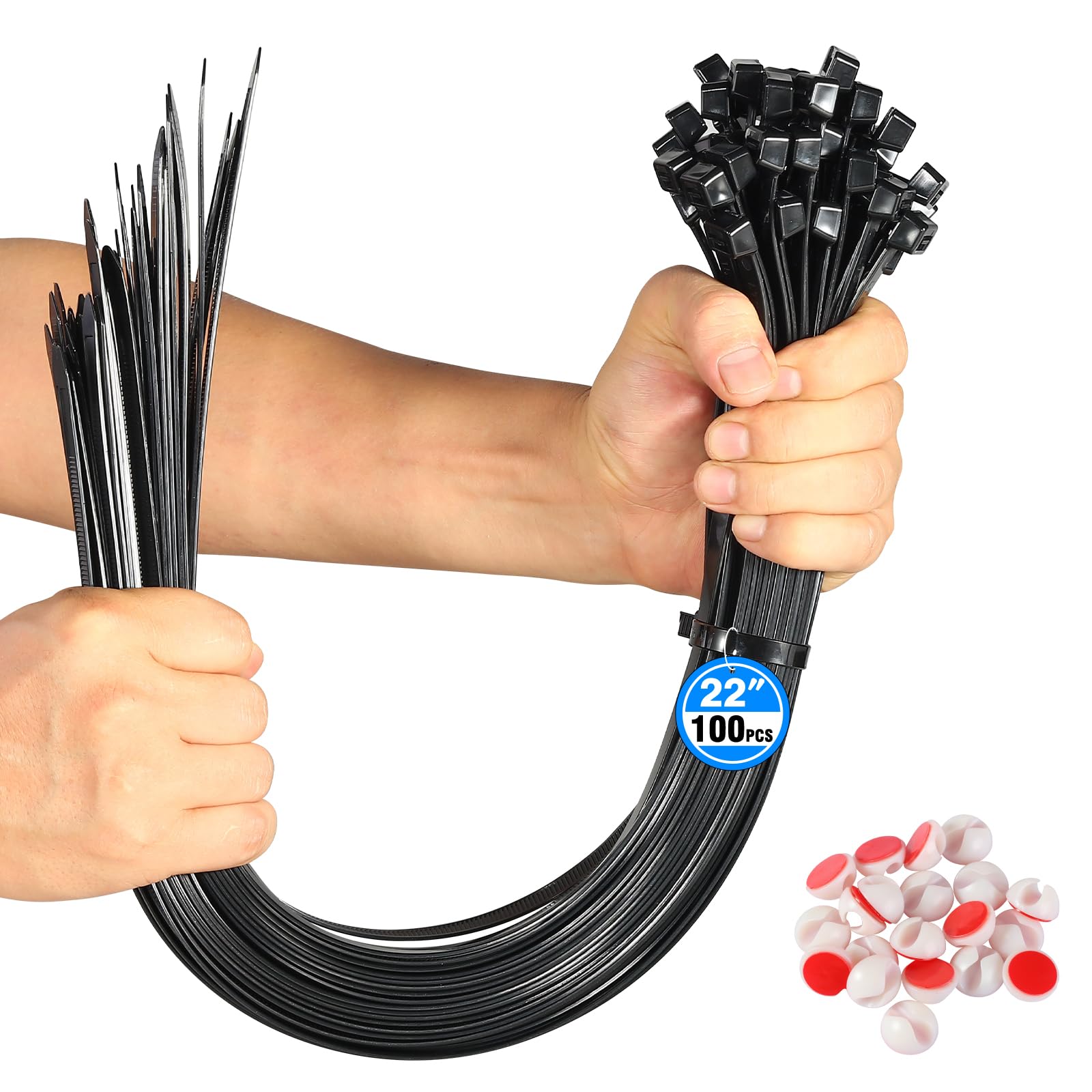 100 Pack Black Cable Ties with 20 Cable Clips, 550mm x 9mm Zip Ties