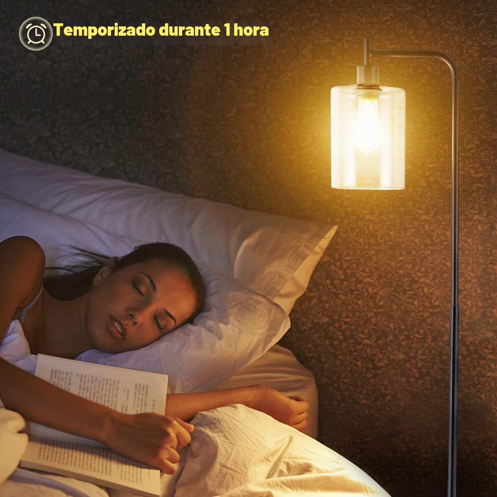 Lampara de Pie Salon Negro,Lámpara de Pie Industrial Regulable con Pantalla de Cristal Transparente,Mando a Distancia y Control de Pie, Lámpara LED Proporciona 800 lm de Luz Blanca (2700K-6500K)