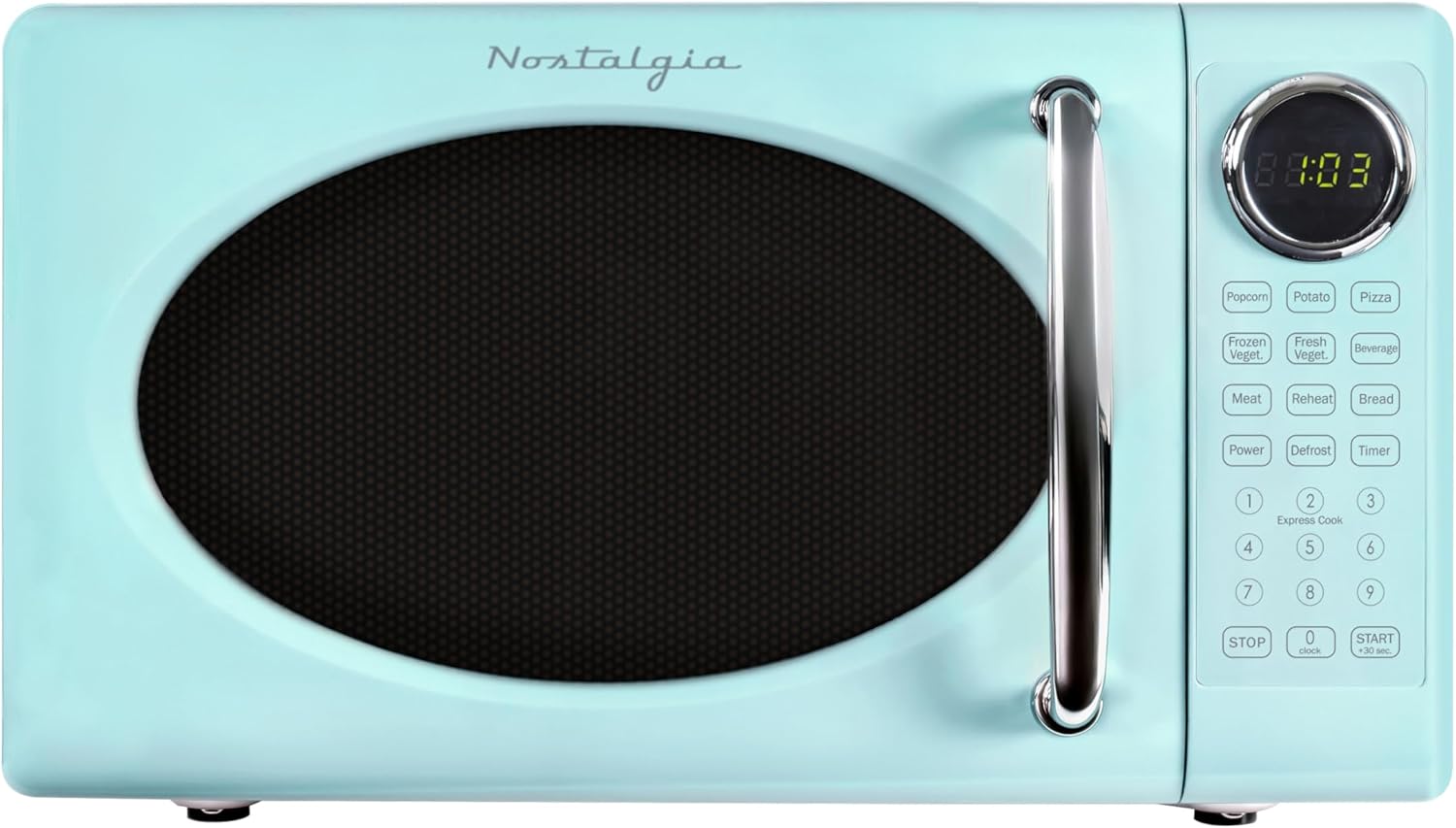 Nostalgia Horno microondas retro, 0.7 pies cúbicos, tamaño de encimera de 700 vatios con tocadiscos de vidrio, bloqueo de seguridad para niños, 8