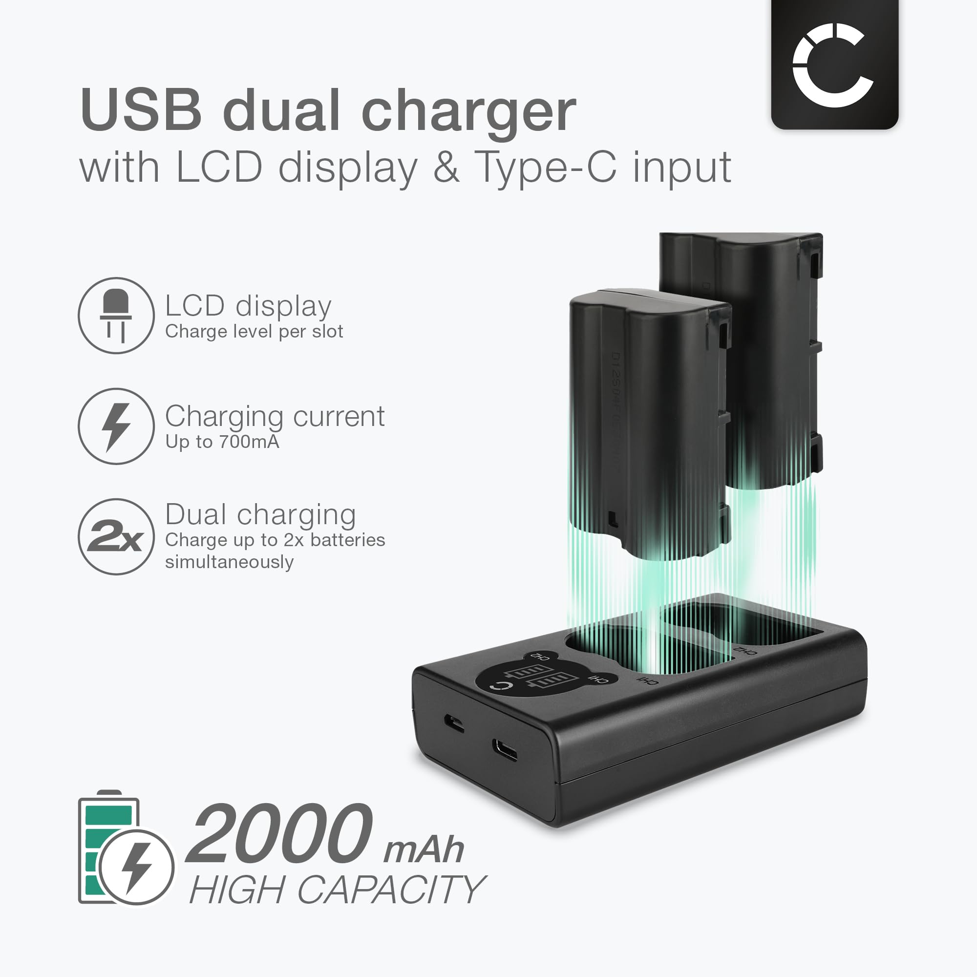 CELLONIC® zestaw 2 baterii 2000mAh i podwójna ładowarka kompatybilna z Nikon D750 D7000 D7100 D7200 D7500 D800 D810 D850 D610 D500 Z 6 Z 7 Bateria zamienna do aparatu z kablem ładującym