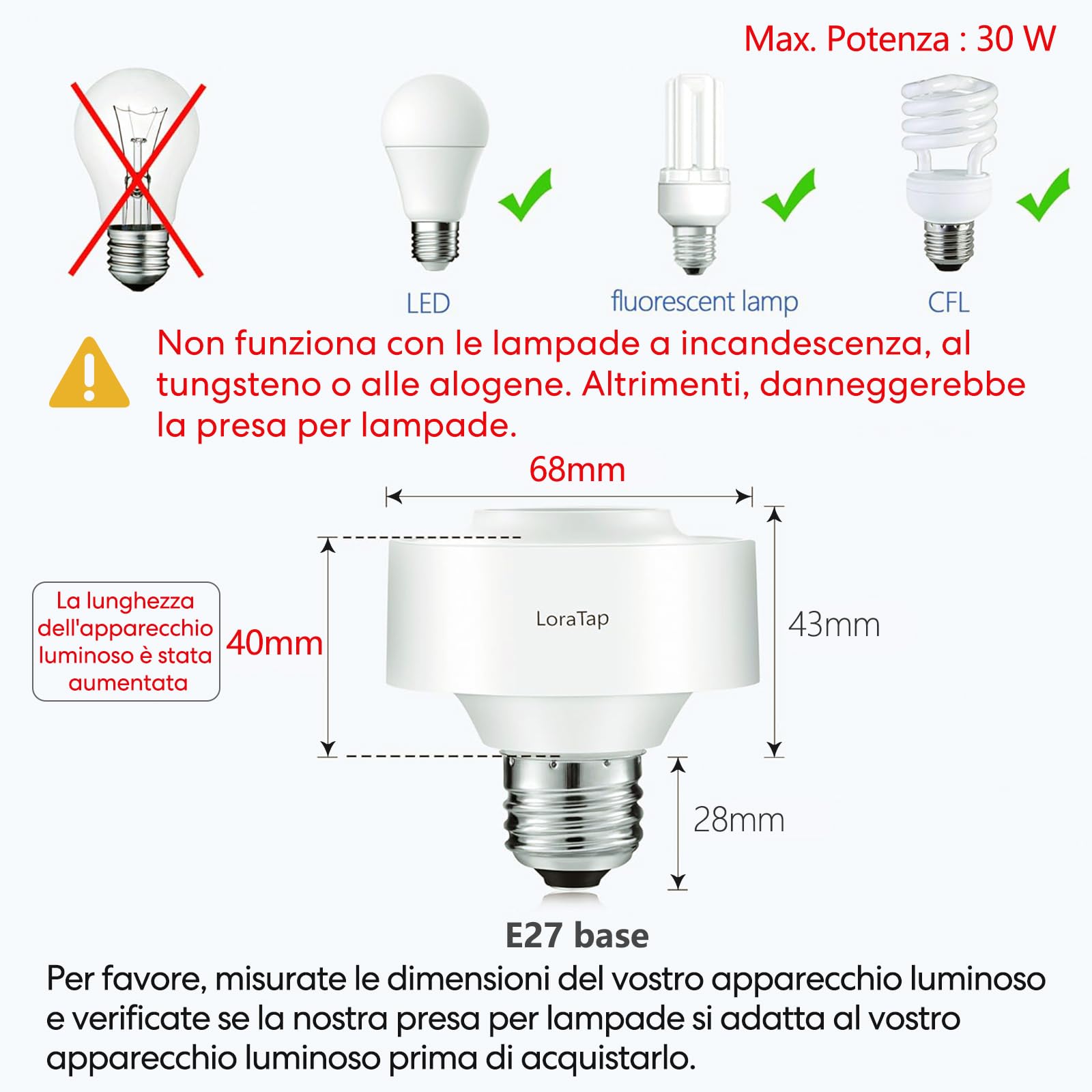 Paio Portalampada E27 Senza Fili, LoraTap 2pz Adattatore per Lampadina + Interruttore Remoto Portatile con Base Magnetica, Telecomando Fino a 200 Metri 230V, On Off Switch Wireless per Lampade