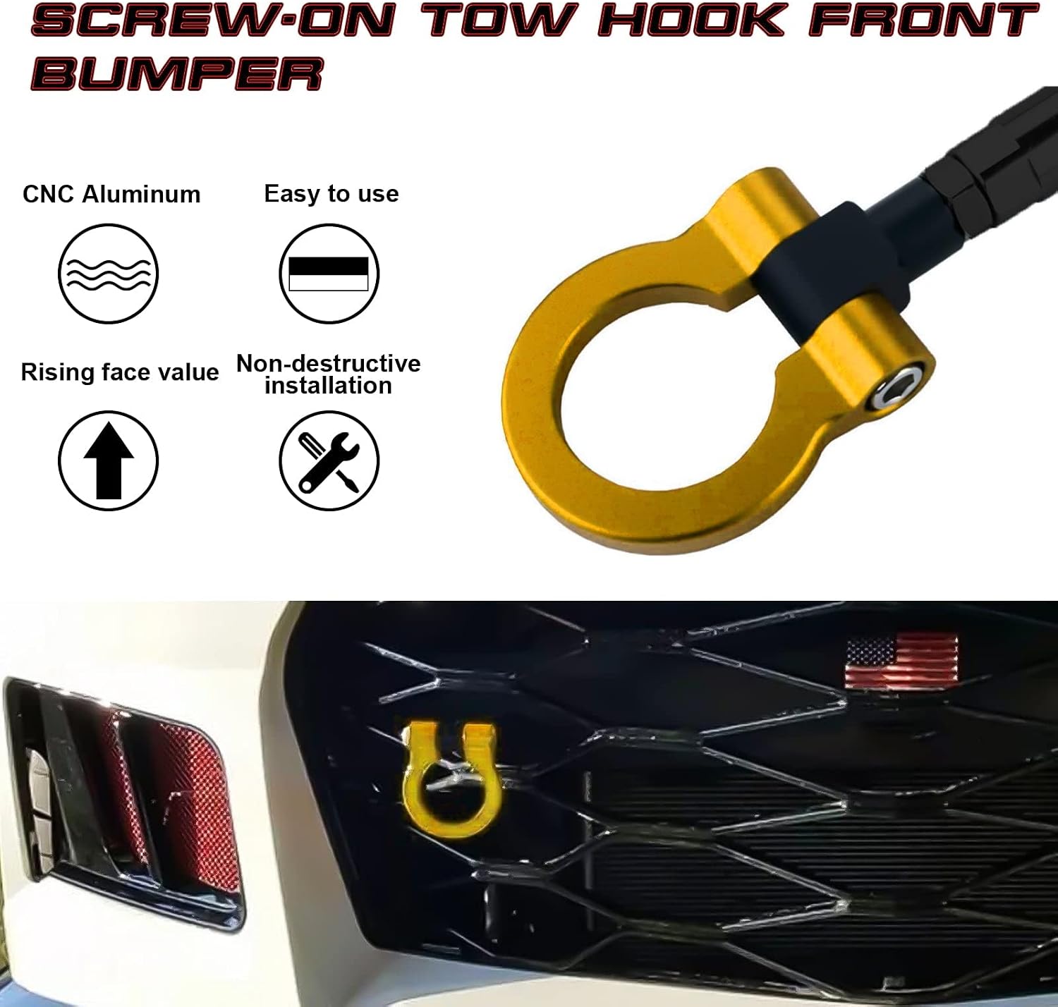 x xotic tech Sport Track Racing Style CNC Aluminum Screw-on Tow Hook Front Bumper Compatible with Chevrolet Camaro 6th Gen 2016 2017 2018 2019 2020 2021 2022 2023 2024 (Gold)