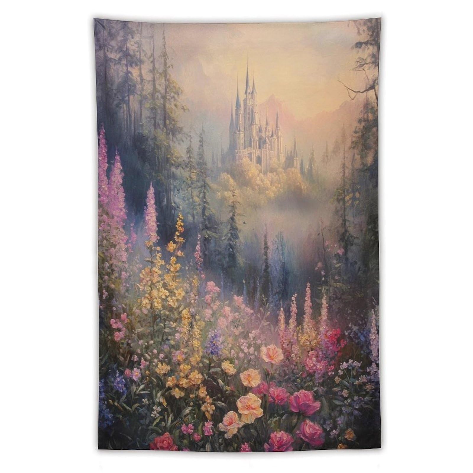Fantasy Castle Wildflower Meadow Tapestry Wall Hanging Dreamy Misty Forest Landscape Botanical Decor For Living Room Bedroom Dorm Apartment Cottagecore Aesthetic40 x60 Tapestry โ image 1