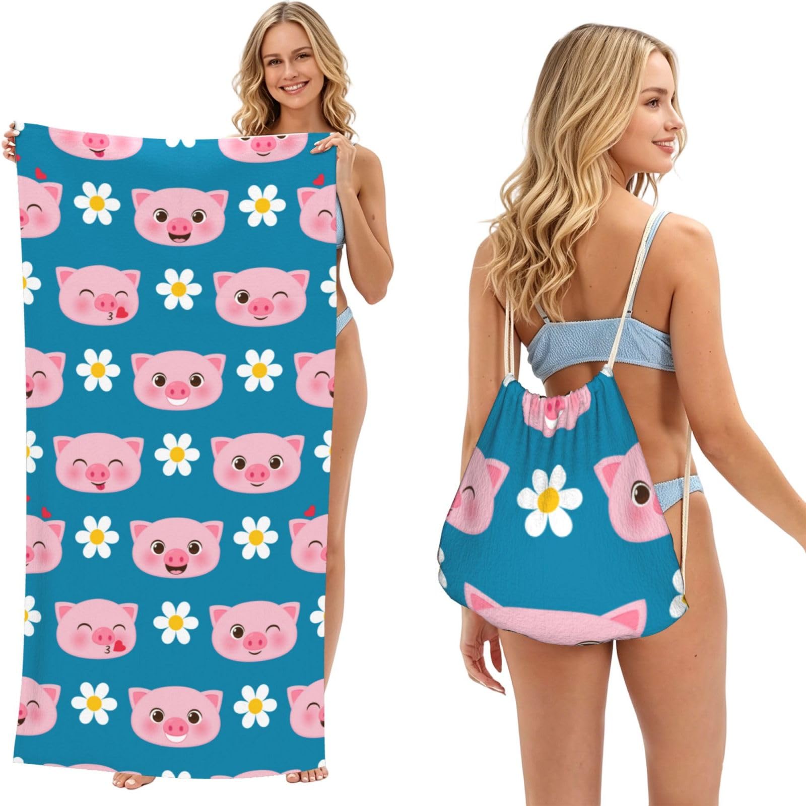 Poadnly As Picture Cute Pig, 2 In 1 Packable Towel Bag, Beach Towels With Drawstring Backpack For Travel Holiday Camping