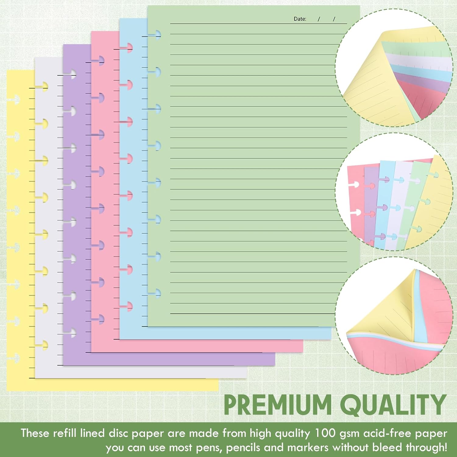 6 Pack 600 Sheets Junior Size Discbound Refill Paper, 8-disc Lined Refills A5 Loose Leaf Paper 100gsm Thicker College Multicolored Ruled Notebooks Planner Inserts, 5.8 x 8.2"