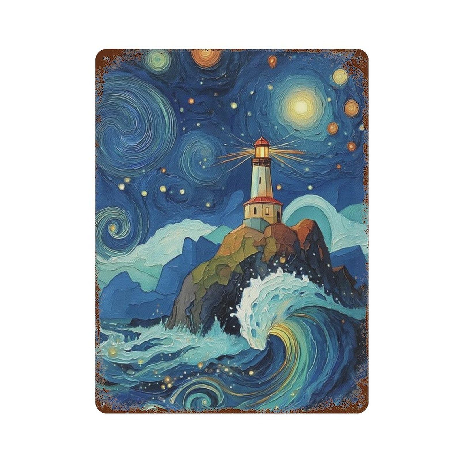 Starry Night Lighthouse Waves Retro Metal Sign 15.7"x11.8", Classic Wall Plaque for Basement, Hobby Room And Garage Decor