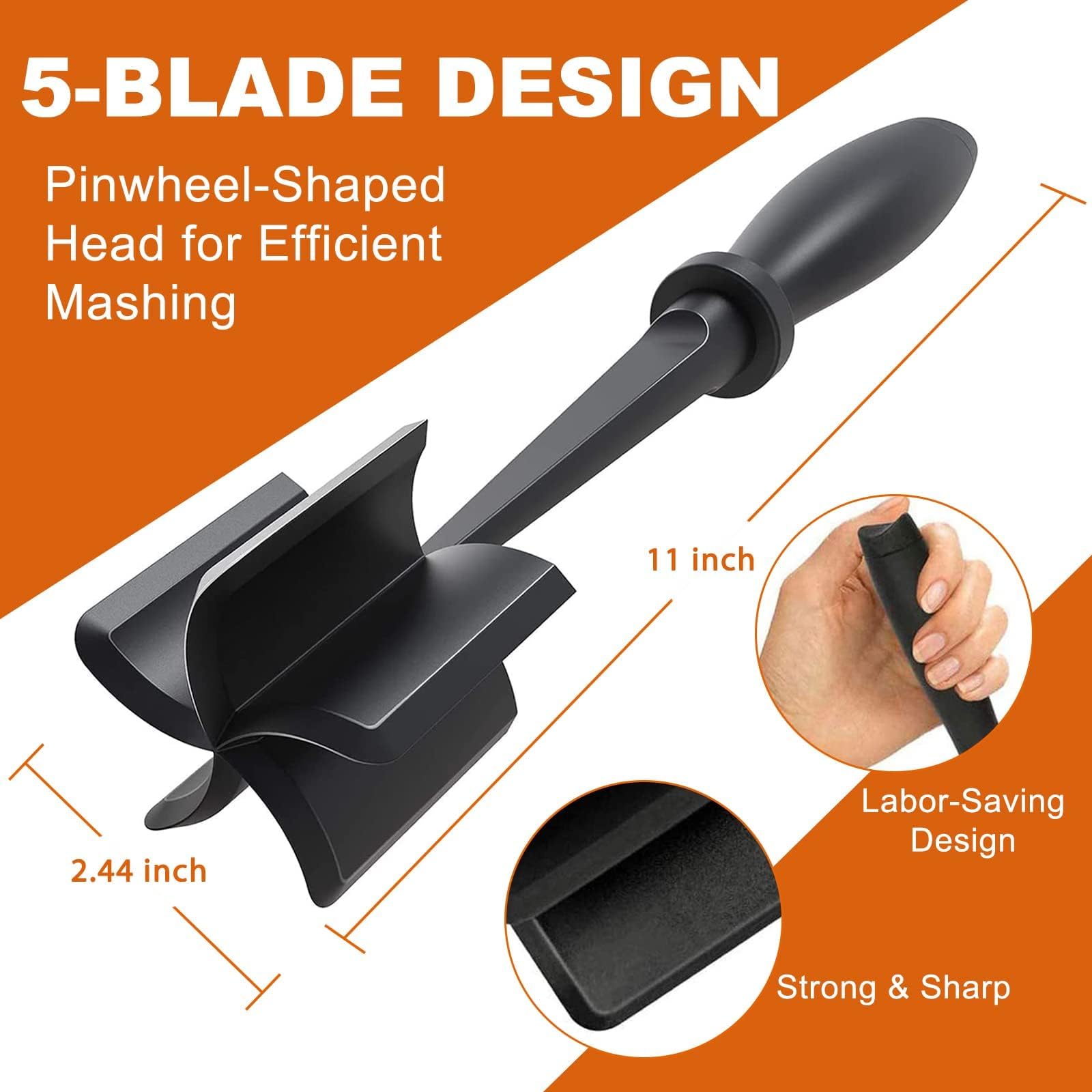 Mince Masher, Ground Beef Meat Chopper with 5-Blade Head, Versatile High-Temp Heat-Resistant Hamburger Meat Masher - Image 4
