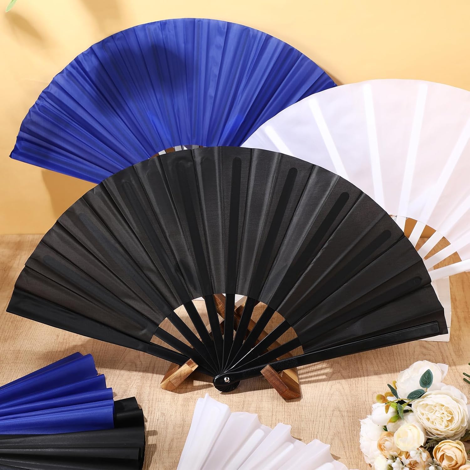 15 Pcs Large Folding Hand Fan for Line Dancing Chinese Kung Fu Tai Chi Clap Raves Fans for Men and Women Festival Dance Wedding Party (White,Blue,Black)