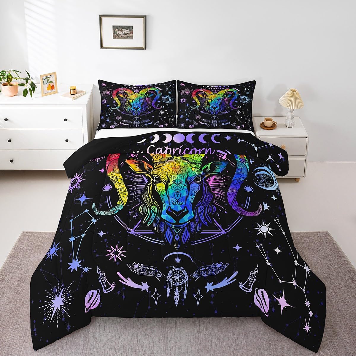 Manfei Capricorn Comforter Set Full Size, Galaxy Sun Moon Star Quilt Set with 2 Pillowcases, Trippy Astrology Bedding Set 3pcs for Kids Boys Girls Twelve Constellations Zodiac Duvet Insert
