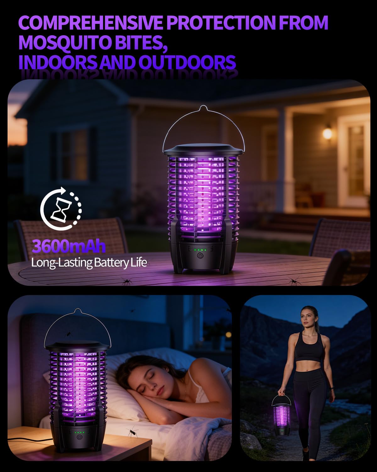 Trappola elettrica ricaricabile per insetti, 4000 V, batteria da 3800 mAh, IPX5, trappola per insetti per interni ed esterni, ideale per casa, patio, giardino e campeggio