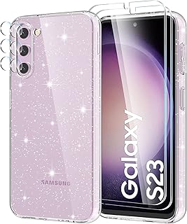 YIRSUR Glitter Clear Case Compatible with Samsung Galaxy S23 5G with 2 Pack Screen Protector with 2 Pack Camera Lens Protector, Soft TPU Bumper Anti-Scratch Shockproof Transparent Sparkly Cover