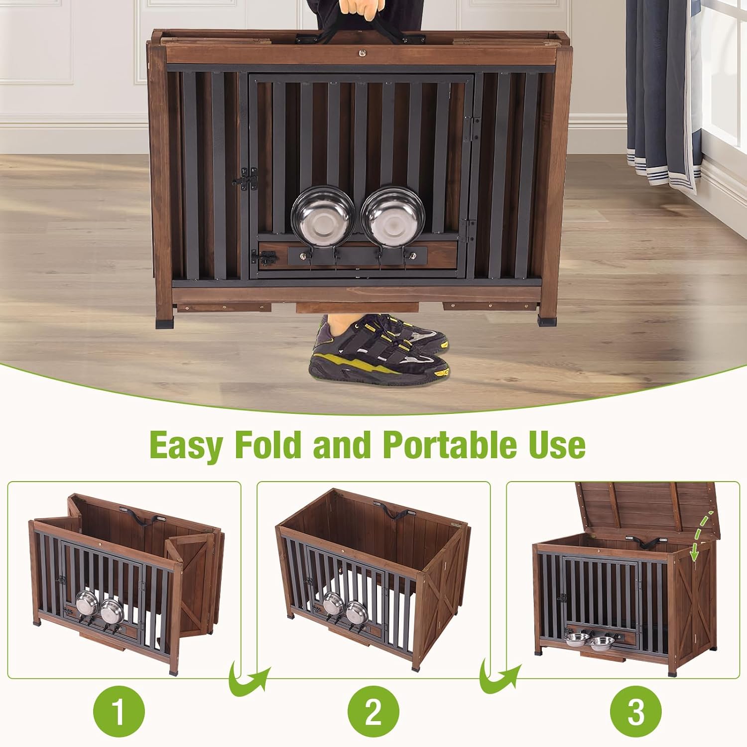 GUTINNEEN Dog Crate Furniture Foldable Dog Kennel for Small Medium Dogs Large Solid Wood Dog House with Bowl Heavy Duty Dog Cage End Table (Dark Brown)