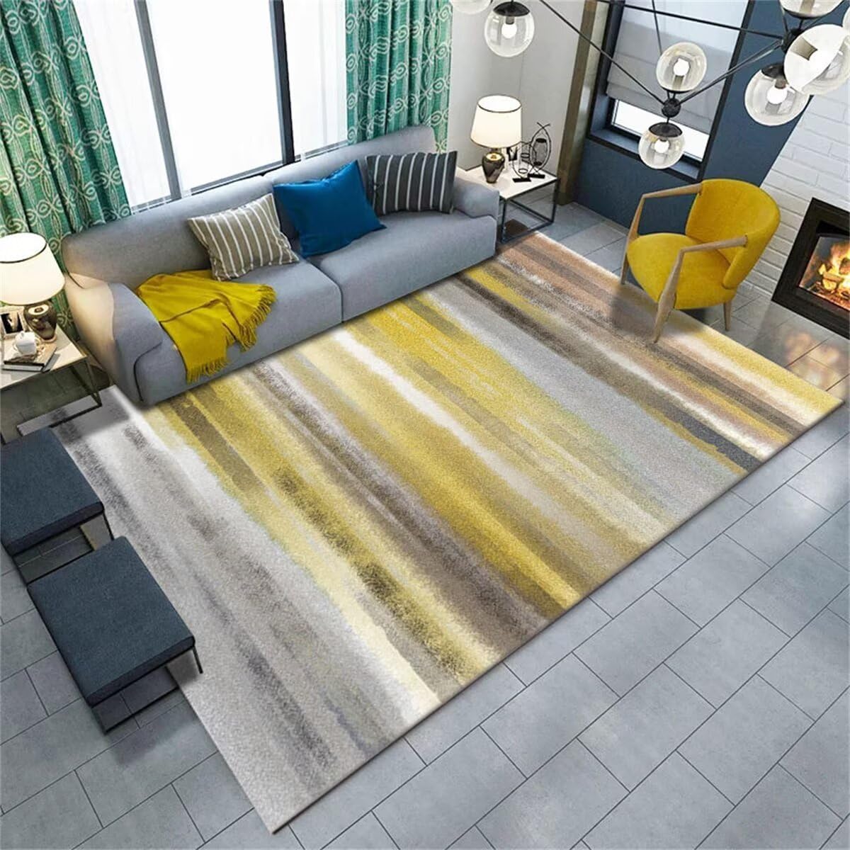 Tapis entrée 180x230cm Jaune Gris | Grand Tapis Extérieur Géométrique