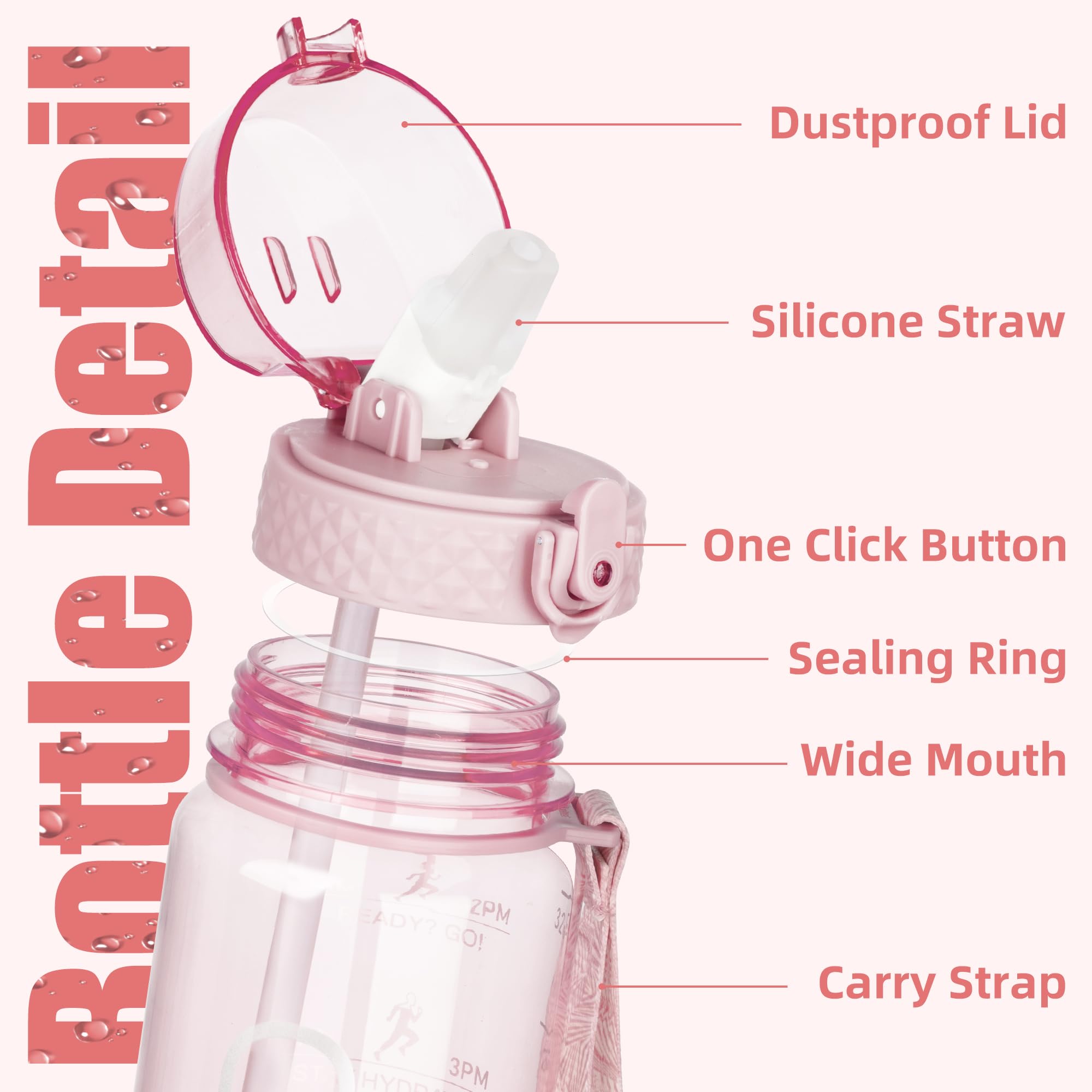 OLDLEY 1L Sports Water Bottle with Straw, Tritan 1 Litre Motivational Drink Bottle - Image 2