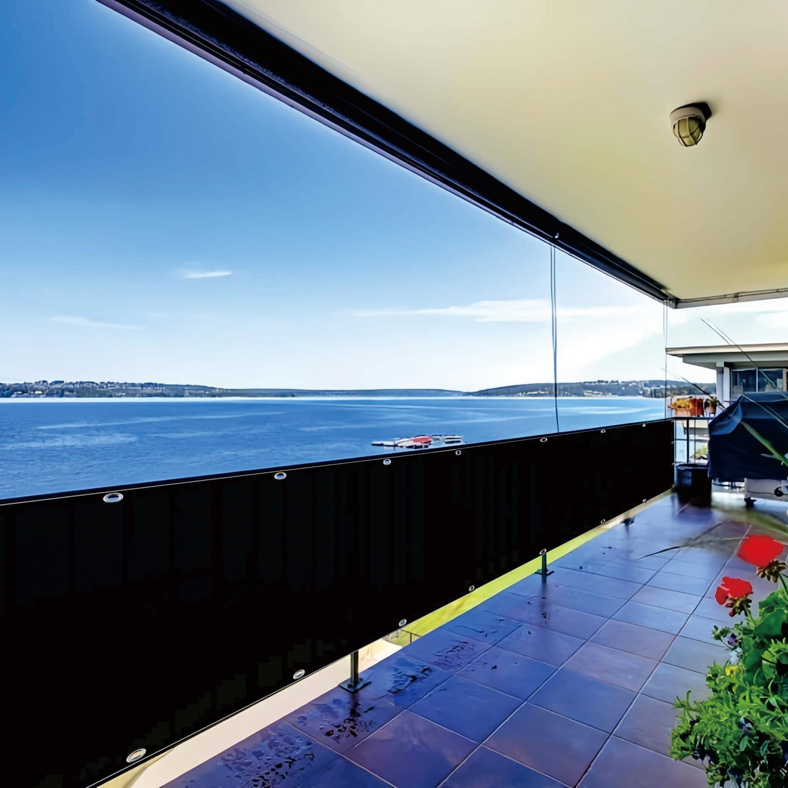 Copri Ringhiera Balcone 135 x 230 cm Protezione Solare, Anti-Uv Resistente, Frangivento, Antistrappo, Frangivento Schermo Privacy con Fascette e Funi per Giardino Terrazza, Nero