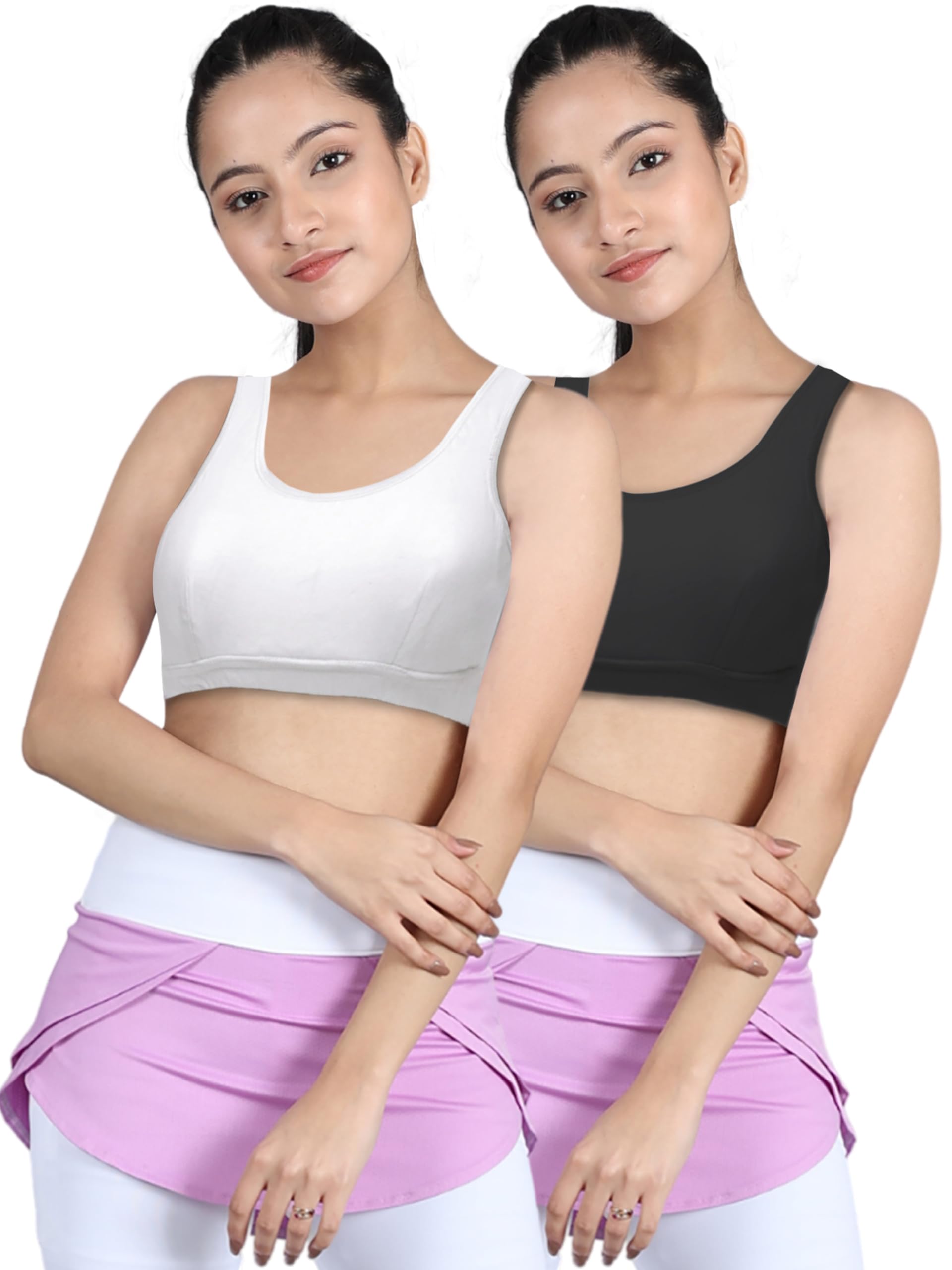 DChicaEssentials Sports Bra for Girls (Pack of 2) Cotton Non-Padded Full Coverage Beginners Non-Wired T-Shirt Gym Yoga Workout Bra with Regular Broad Strap, Training Bra for Teenagers