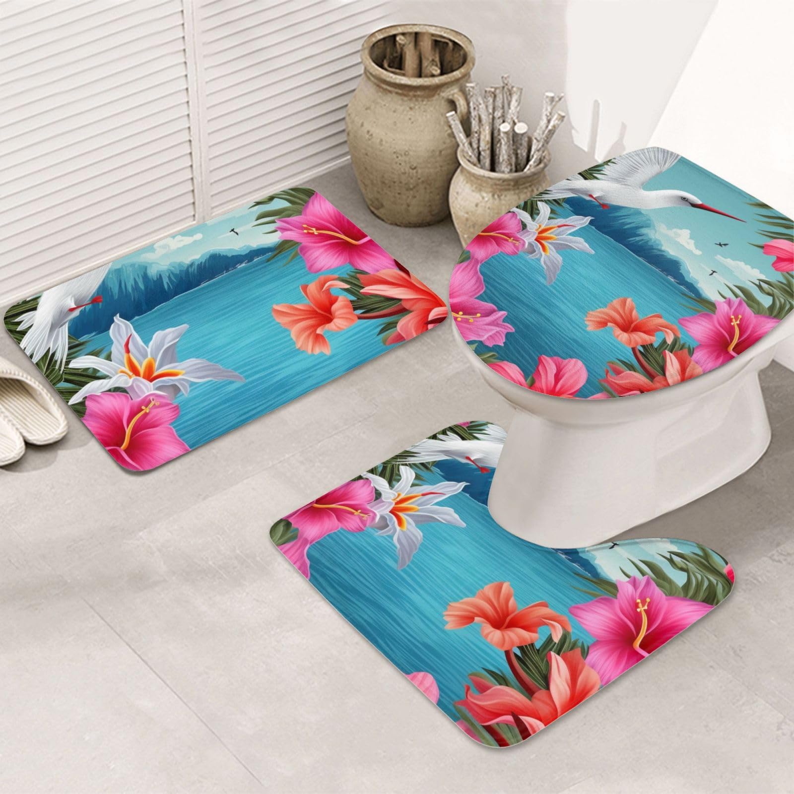 Lot de 3 tapis de bain en flanelle avec tapis de bain, tapis de contour et housse pour abattant WC, motif fleurs d'hibiscus, tapis de bain antidérapant et absorbant