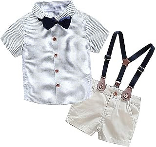 SANGTREE Baby Boys Clothes, Dress Shirt with Bowtie + Suspender Shorts