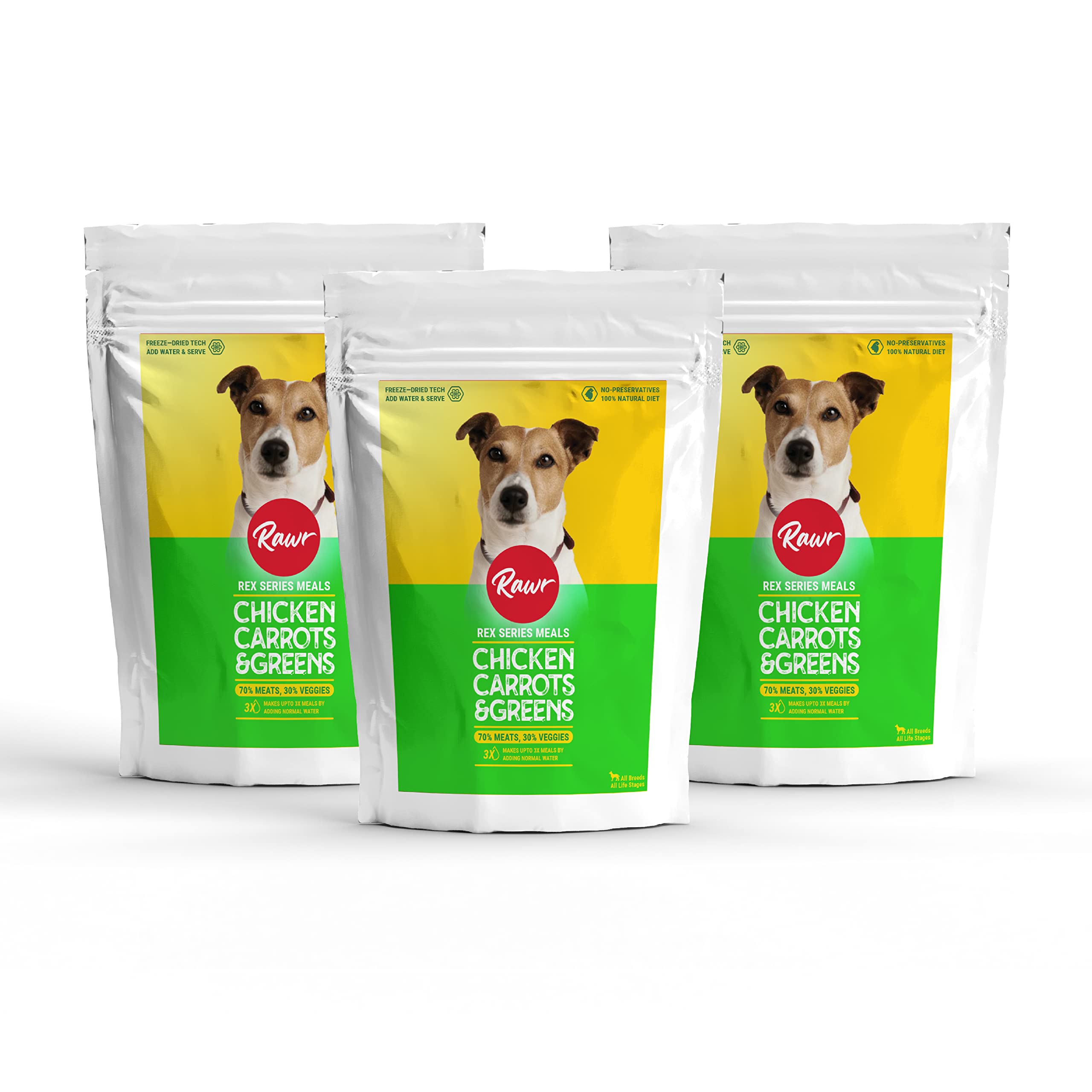 Rawr4Dogs Freeze-Dried Dog Food, Rex Series, Chicken + Carrots + Greens Recipe, Pack of 3-75gms Each, Makes Upto 3X (675gms) by Adding Water (B0BS3P9NXJ) Amazon Price History, Amazon Price Tracker