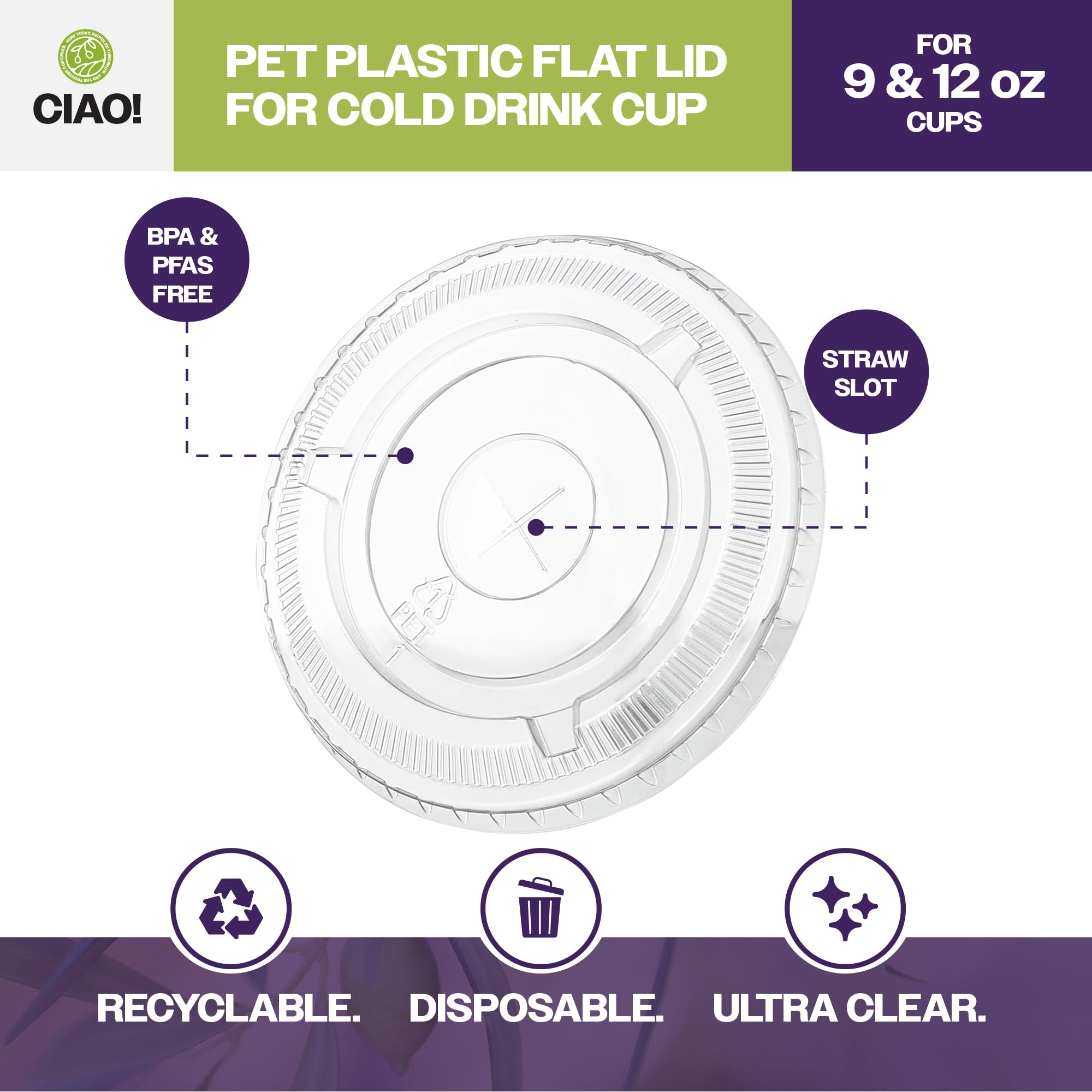 CIAO! PET Flat Lid with Straw Slot, Designed and Fit for 9OZ/12OZ Brand PET Cold Drink Cups Only, 92mm (Case of 1,000)