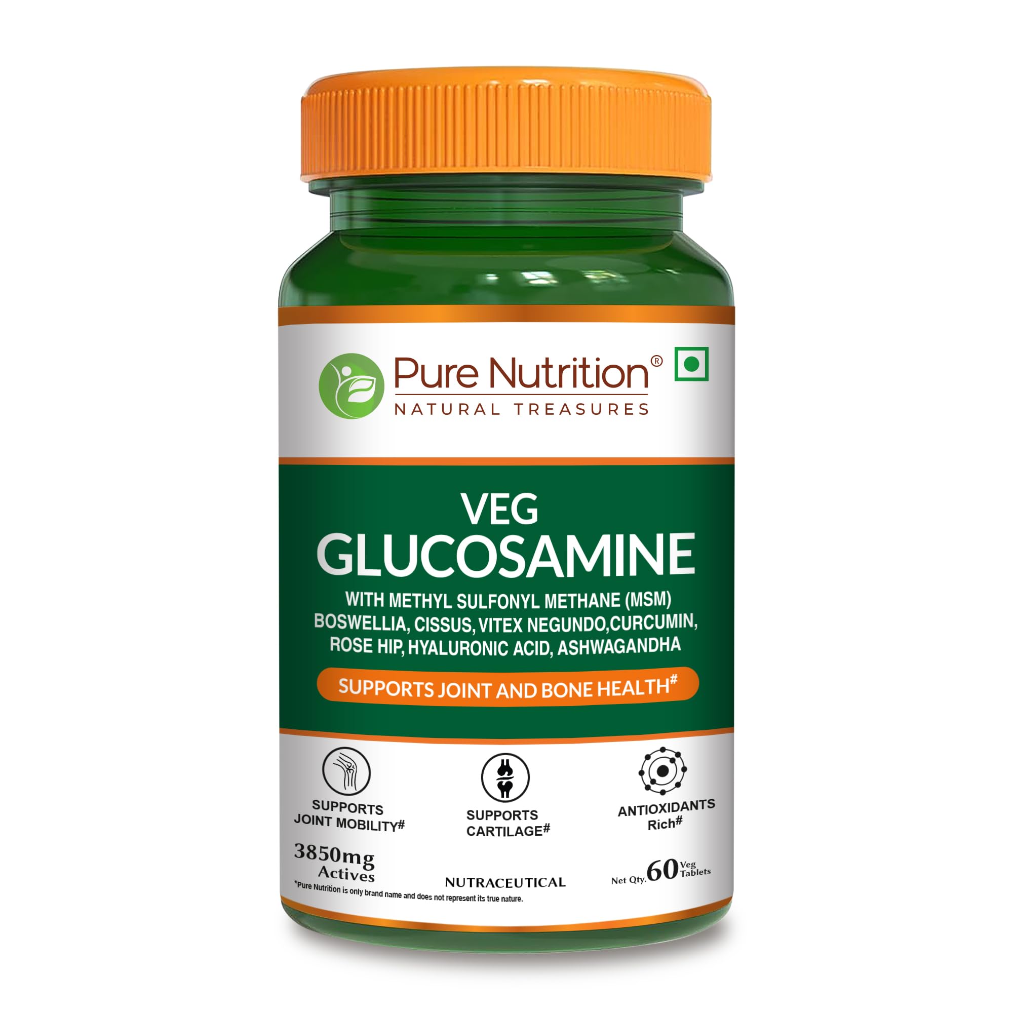 PURE NUTRITION NATURAL TREASURESPure Nutrition Vegan Glucosamine MSM with Boswellia - 60 Veg Tablets | Joint & Cartilage Support | Relieves Pain & Stiffness | Reduces Inflammation | Enhances Bone & Muscle Strength | Plant-Based Joint Health Supplement