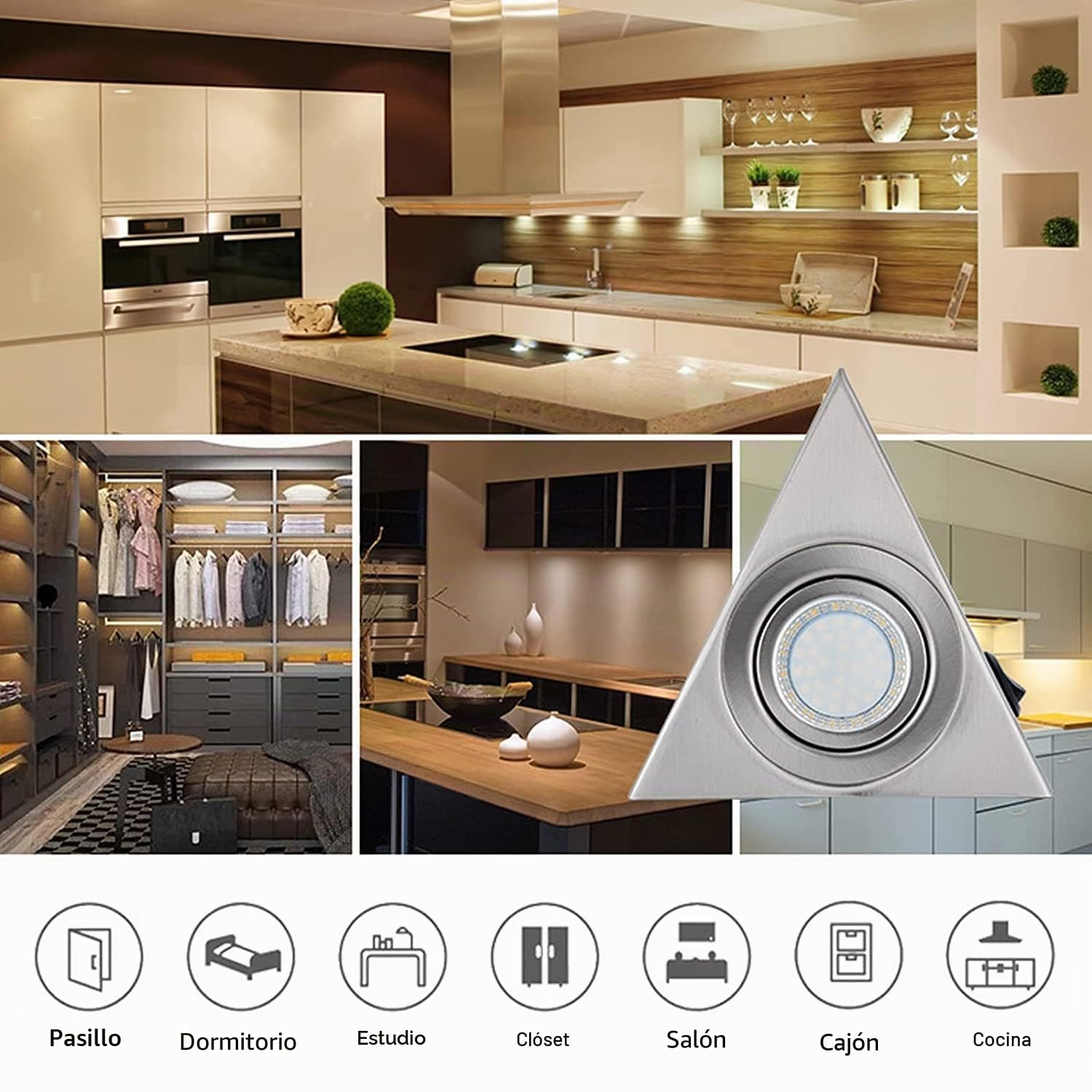 Juego de 3 lámparas LED para debajo del edificio, triangular, lámpara de cocina con interruptor, triángulo de acero inoxidable bajo armario luz para entrada, armario, armario de vino, estantería