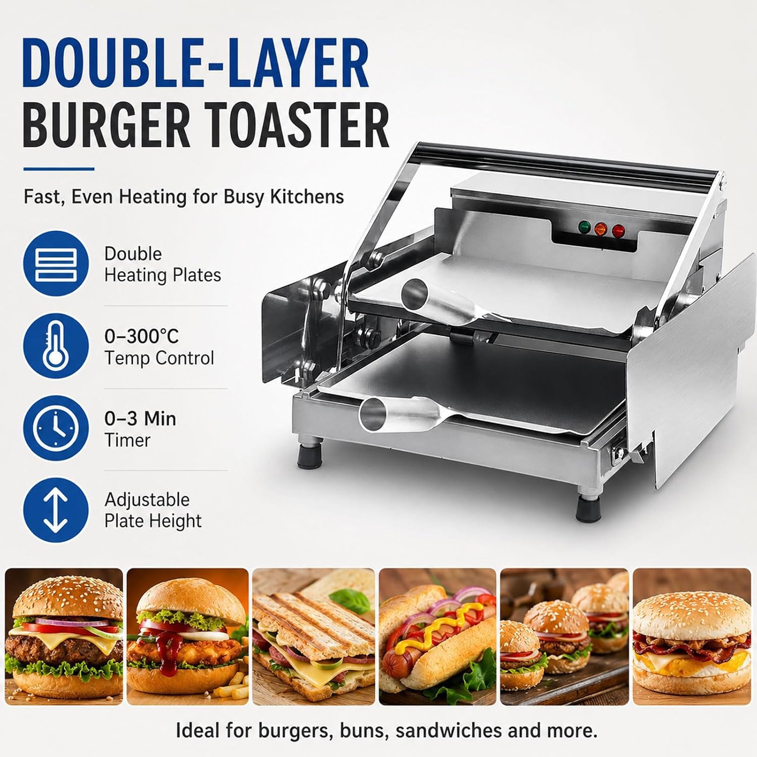 TYH Piastra per Panini da Banco in Acciaio Inox, Tostapane Commerciale A Doppio Strato per Hamburger, Timer da 0 A 3 Minuti, Controllo della Temperatura da 0 A 300 °c, con Piastre Riscaldanti