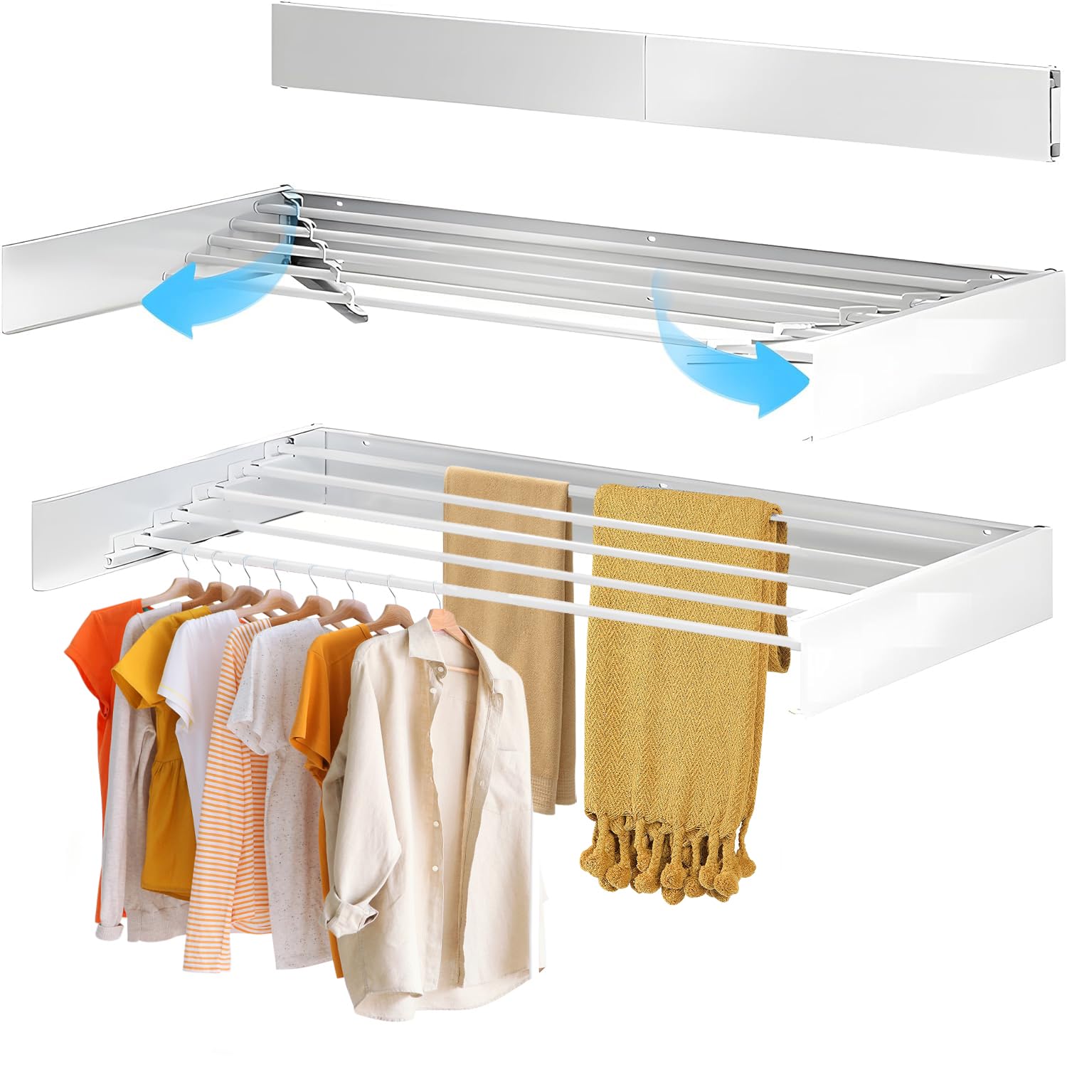 LIWEGHT Collapsible Wall Mounted Clothes Drying Rack - Space-saver Foldable with Wall Template and Long Drill Bit - White (100cm)